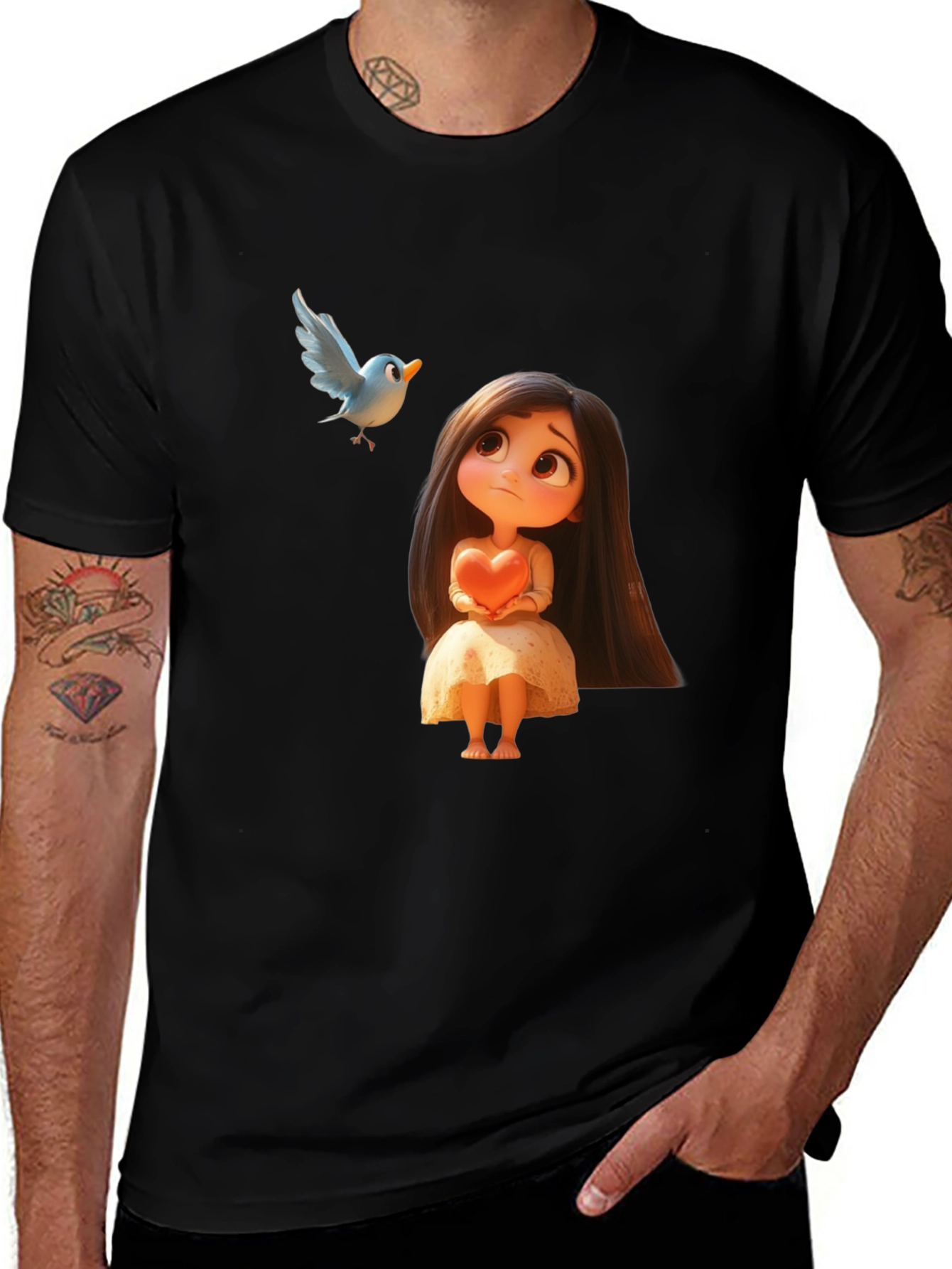 Cartoon Girl & Bird Graphic Black T-Shirt