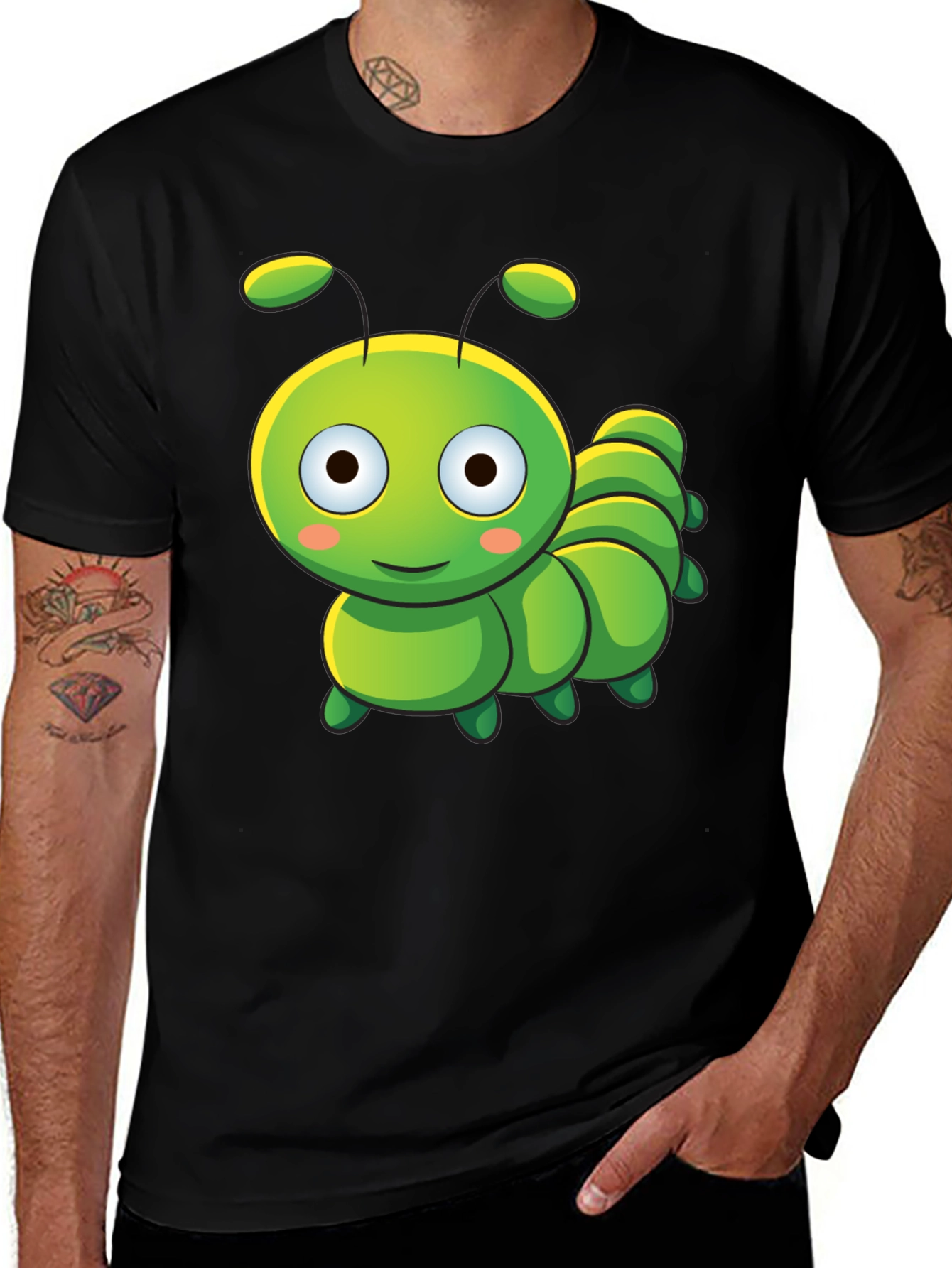 Variant 15 of Cute Cartoon Caterpillar Graphic Tee - Black T-Shirt