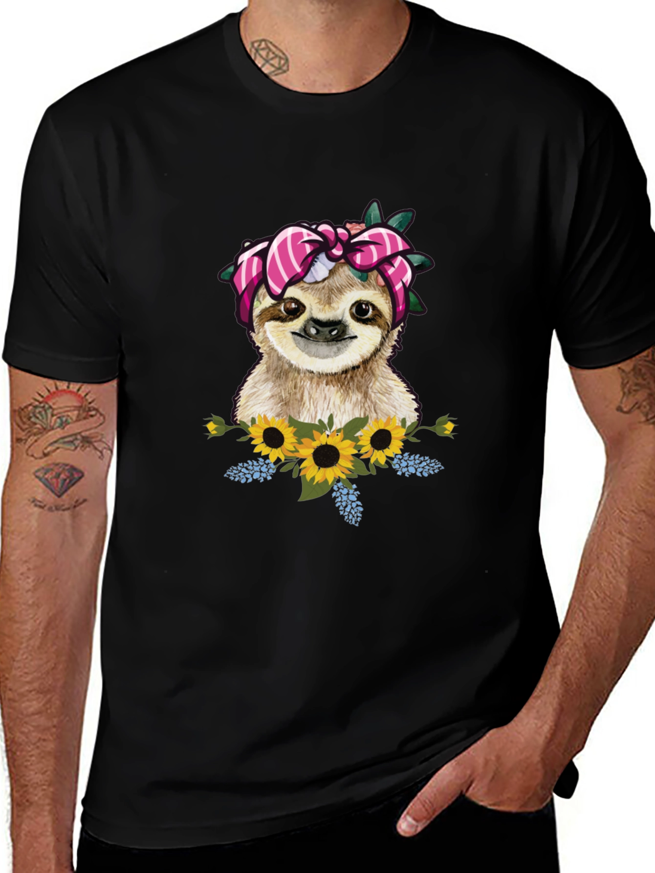 Variant 9 of Cute Sloth with Flowers Graphic Tee - Unisex Black T-Shirt
