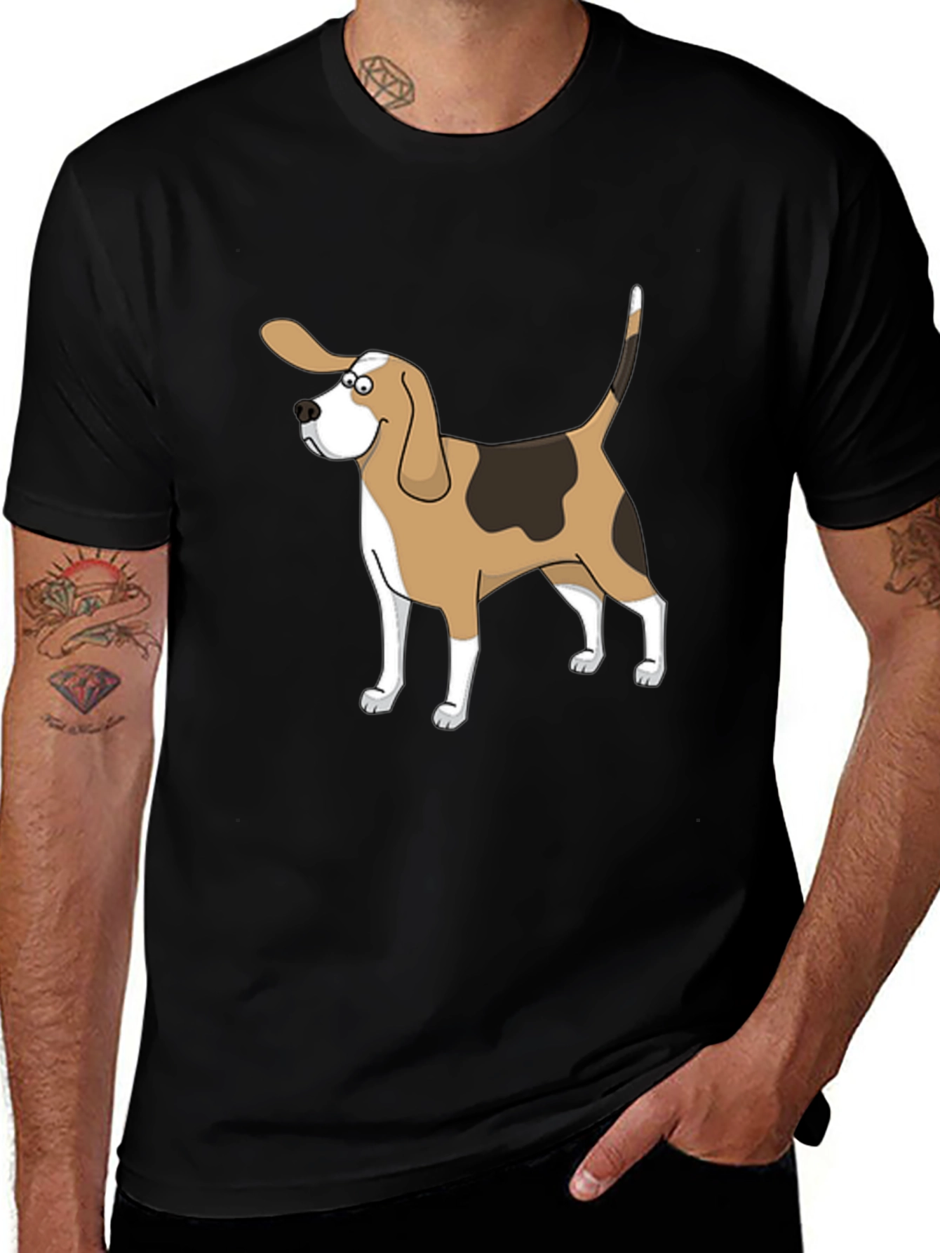 Variant 17 of Cartoon Beagle Dog Graphic Black T-Shirt