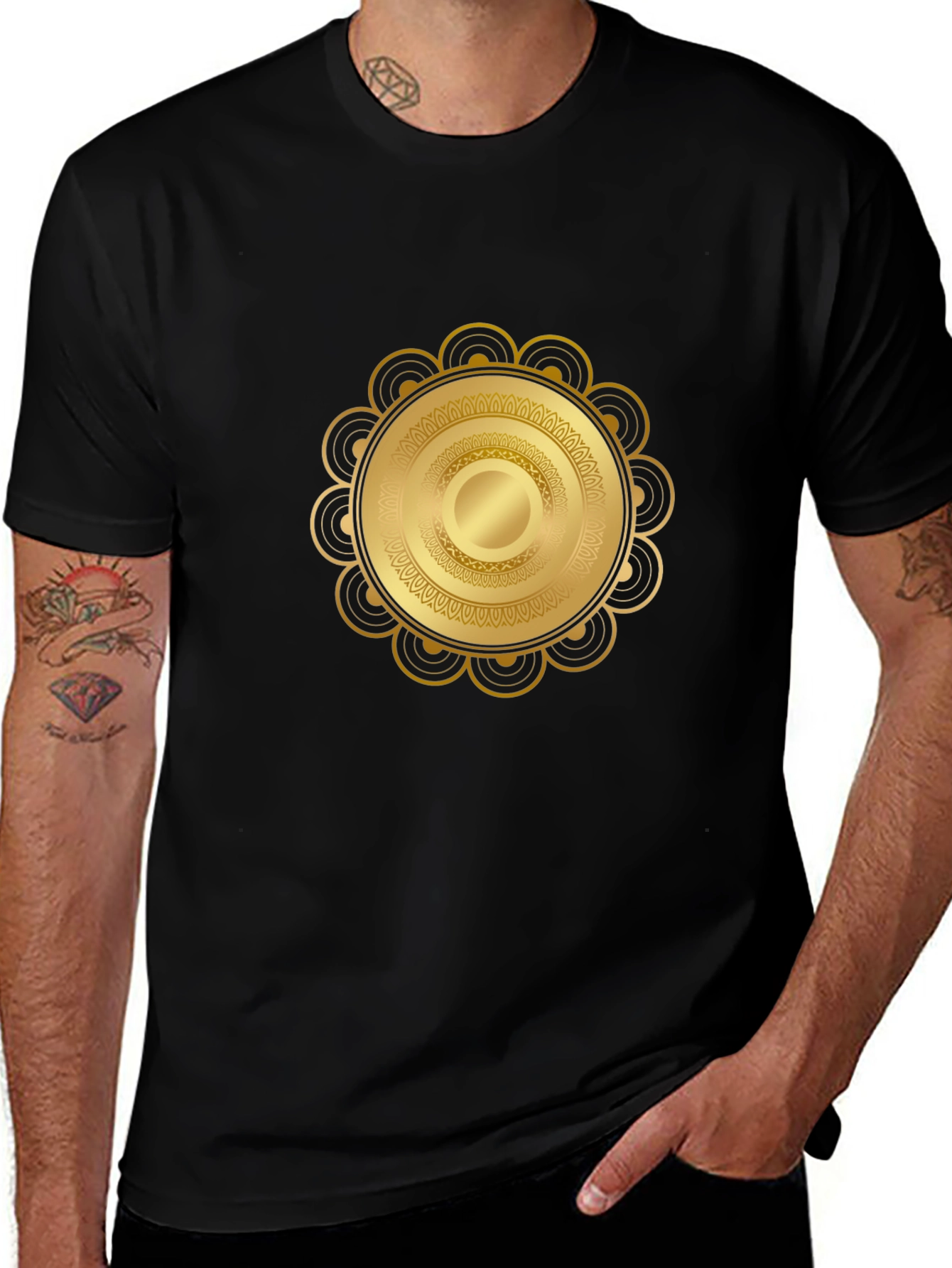 Variant 22 of Gold Mandala Graphic Print Black T-Shirt