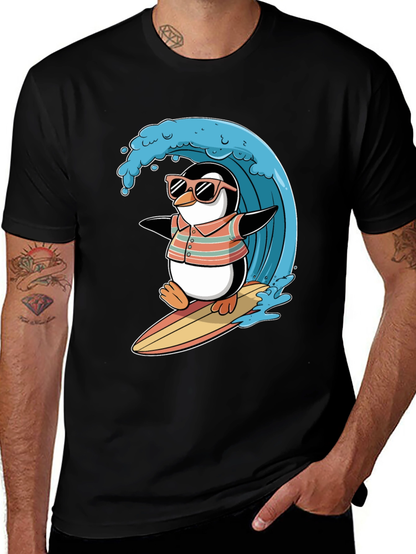 Black Surfing Penguin Graphic Tee main image