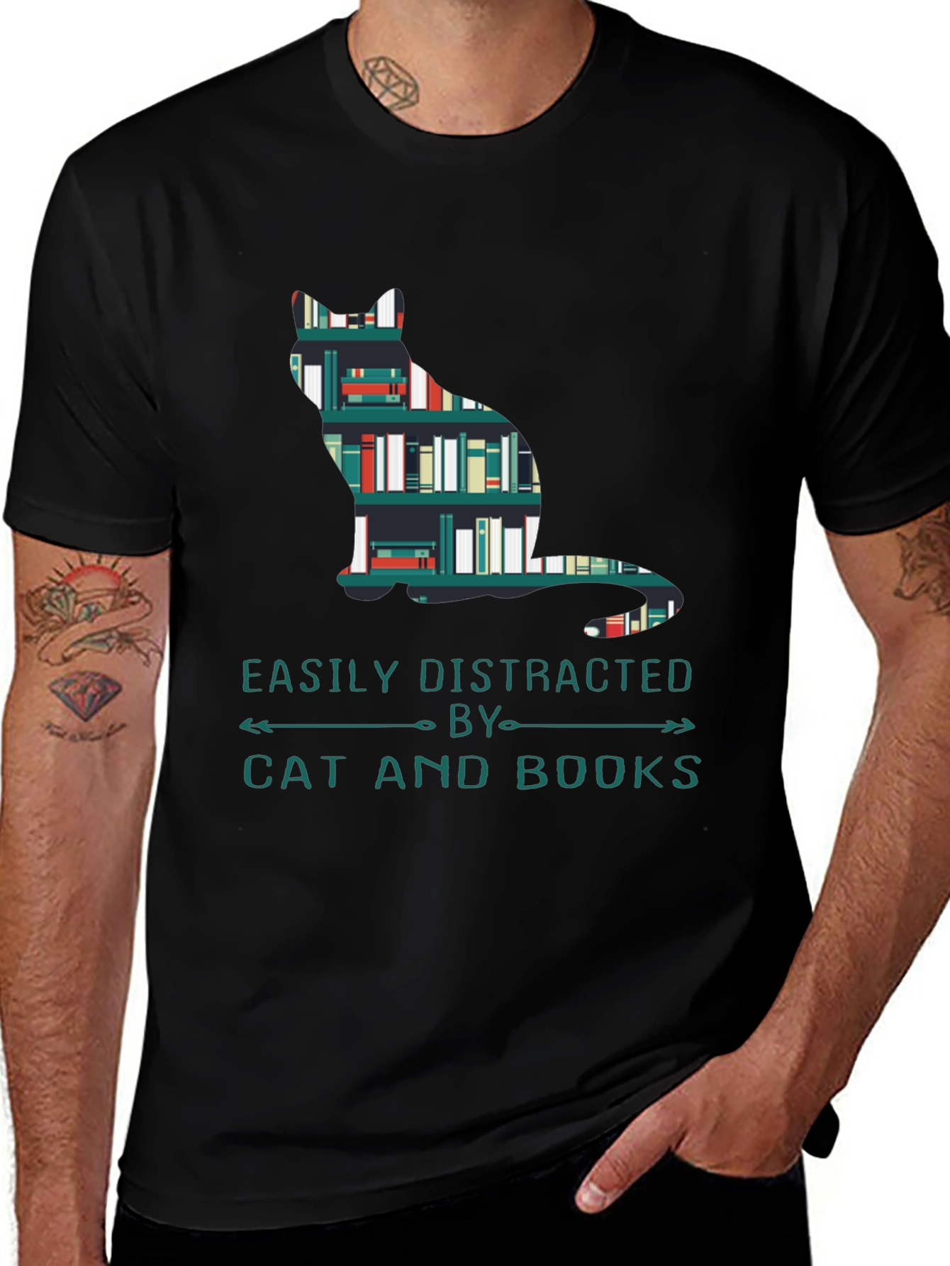 Variant 19 of Cat and Books T-Shirt - Easily Distracted Tee