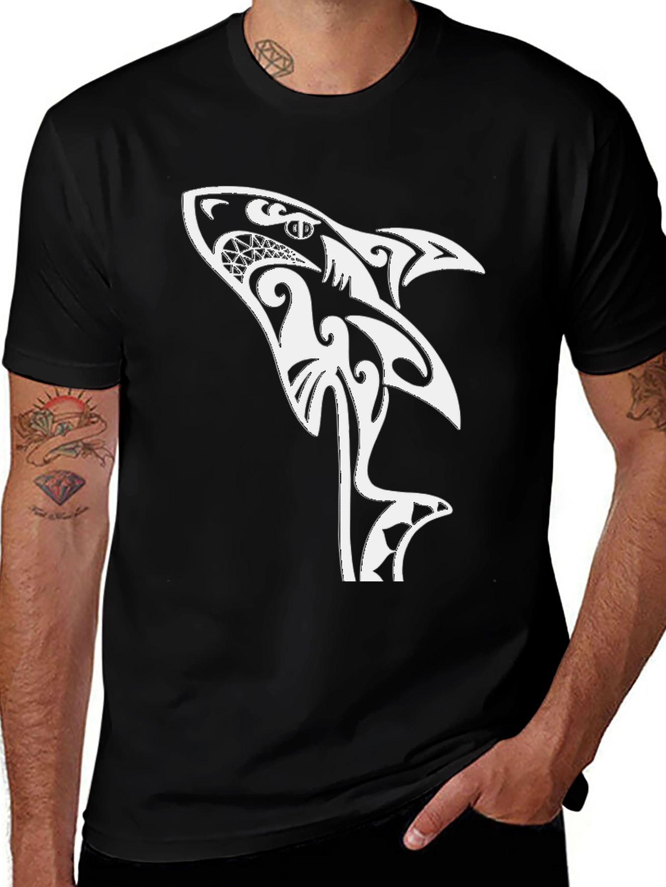 Variant 13 of Tribal Shark Graphic Tee - Black