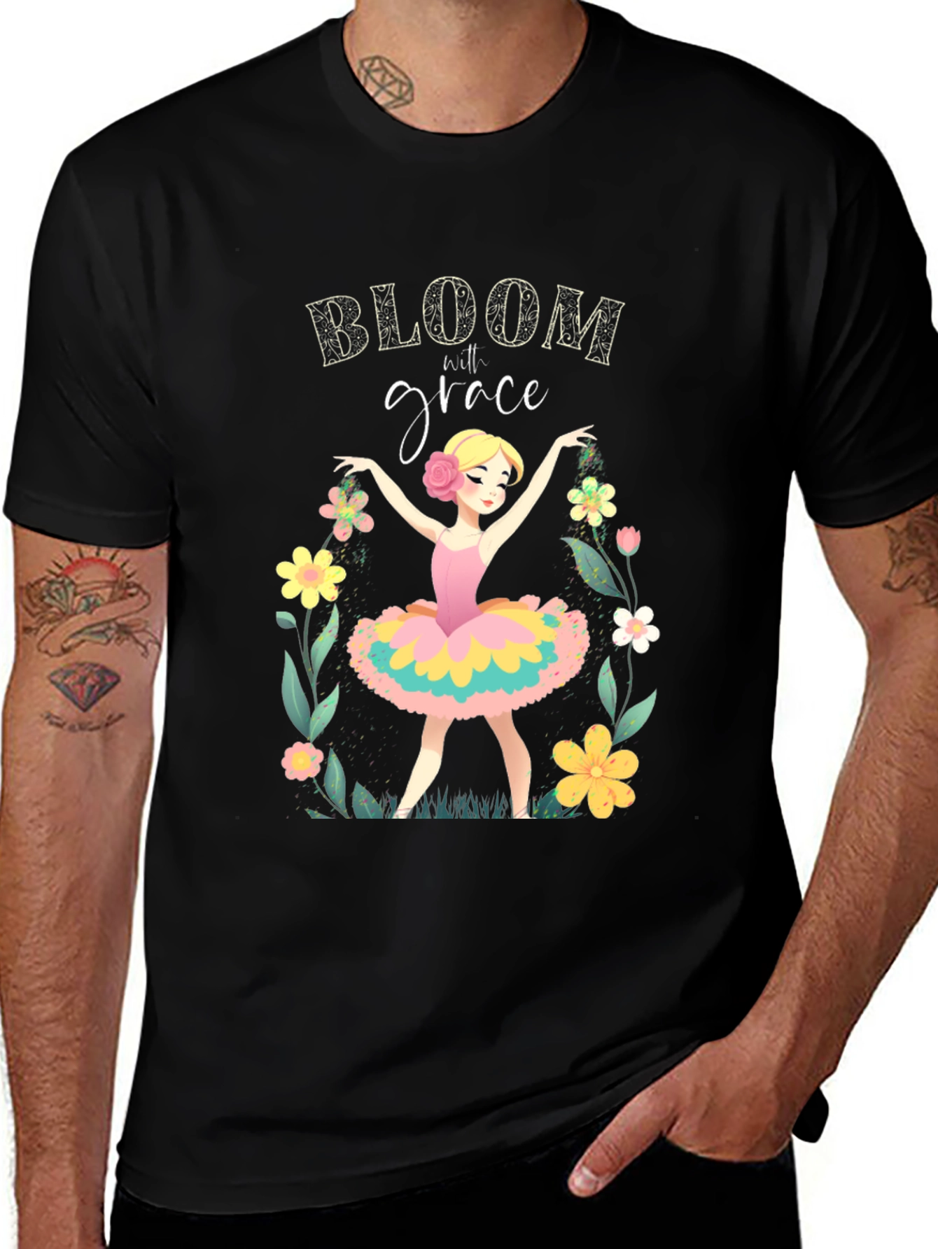 Variant 13 of Bloom with Grace T-Shirt, Ballerina Design, Black Tee