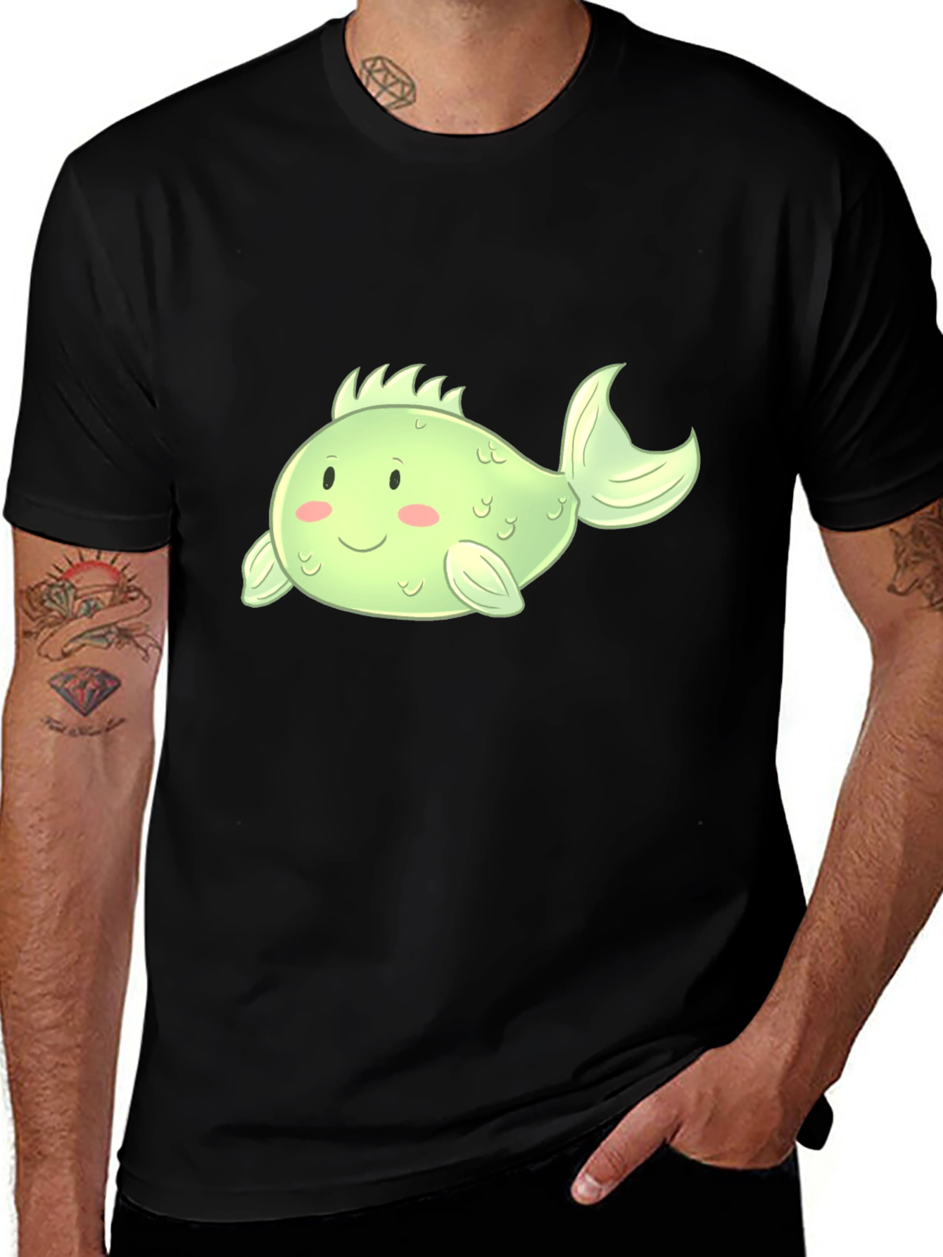 Variant 20 of Cute Cartoon Fish Graphic Tee - Black Cotton T-Shirt