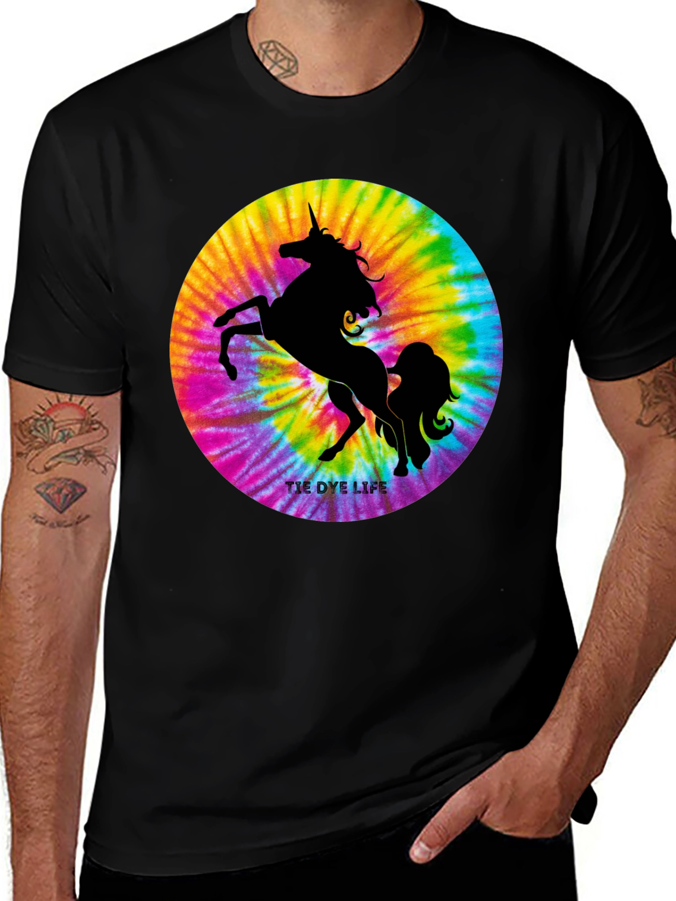 Variant 9 of Unicorn Tie Dye T-Shirt - Black Cotton Tee
