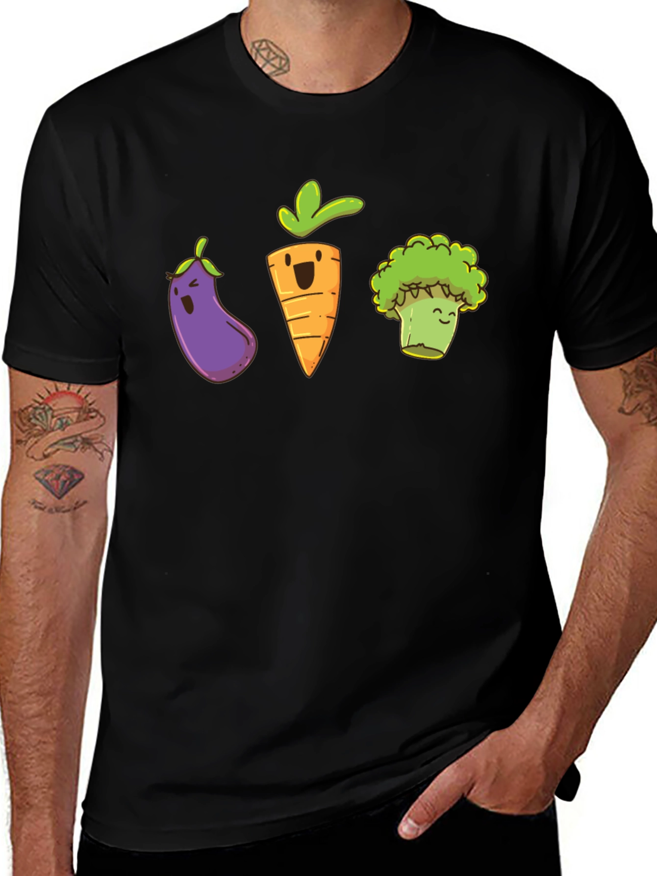 Variant 26 of Cute Cartoon Veggie T-Shirt - Eggplant, Carrot, Broccoli