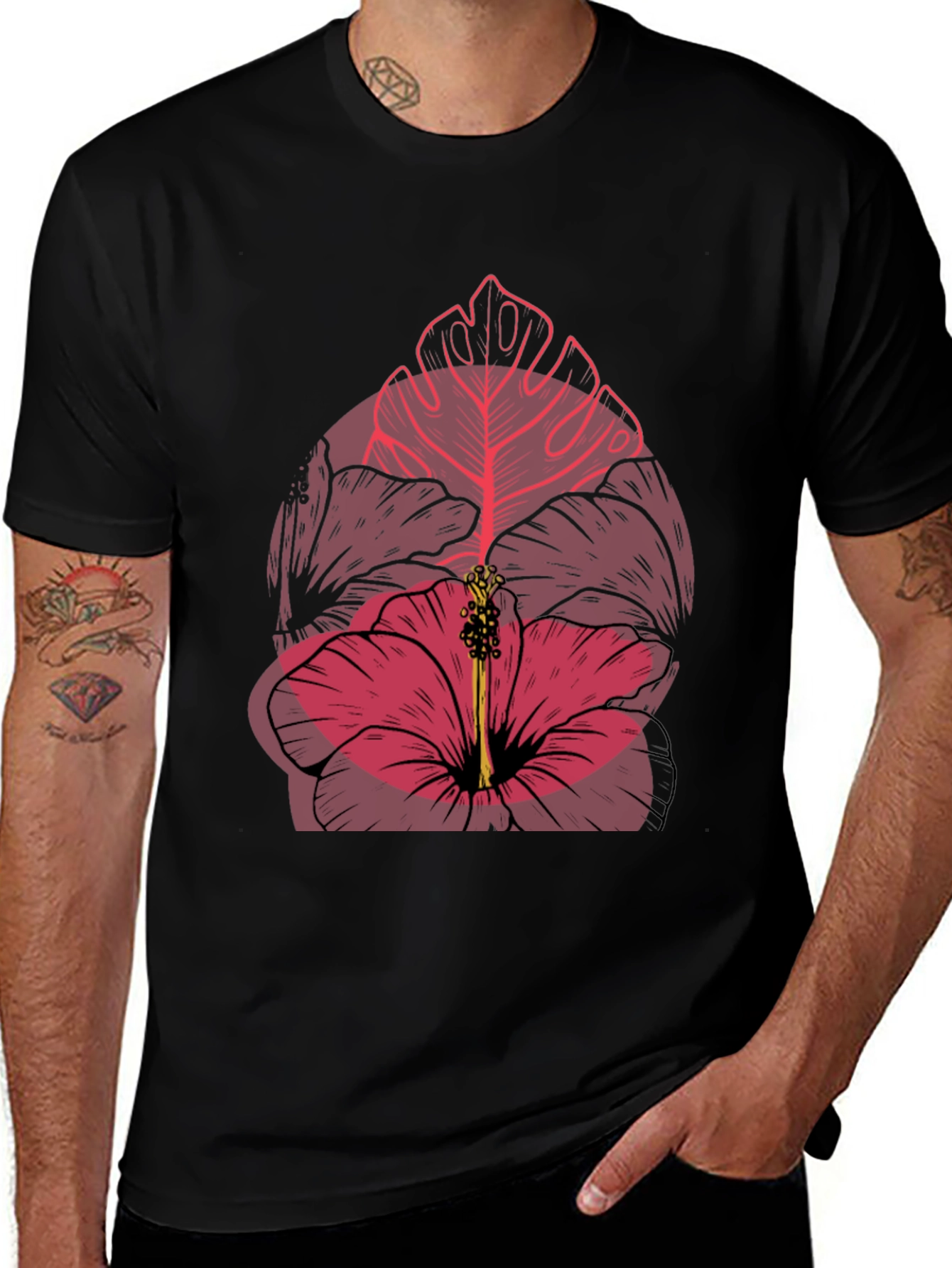 Tropical Flower Graphic Men's Black T-Shirt