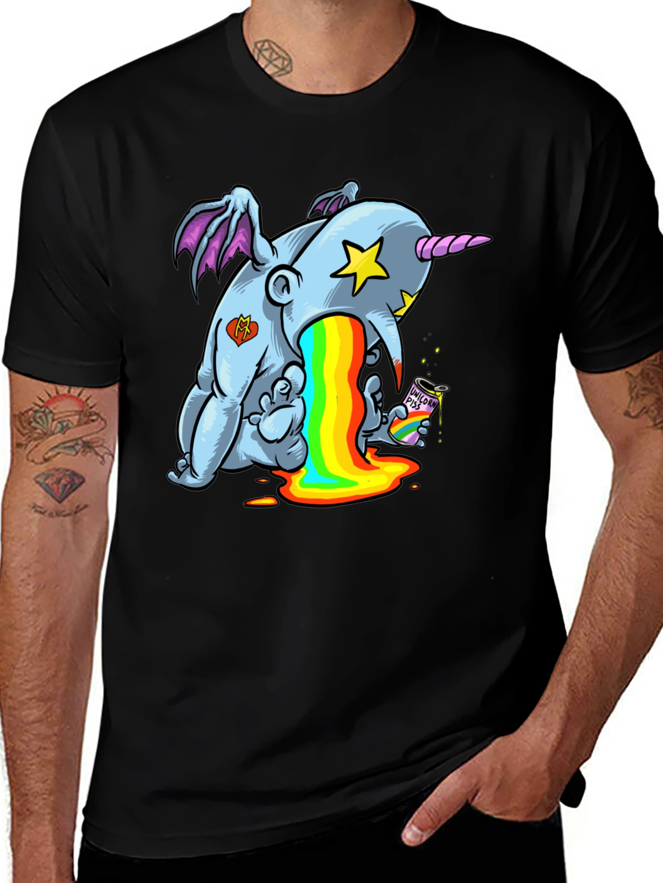 Variant 20 of Rainbow Unicorn Puke Black Graphic Tee