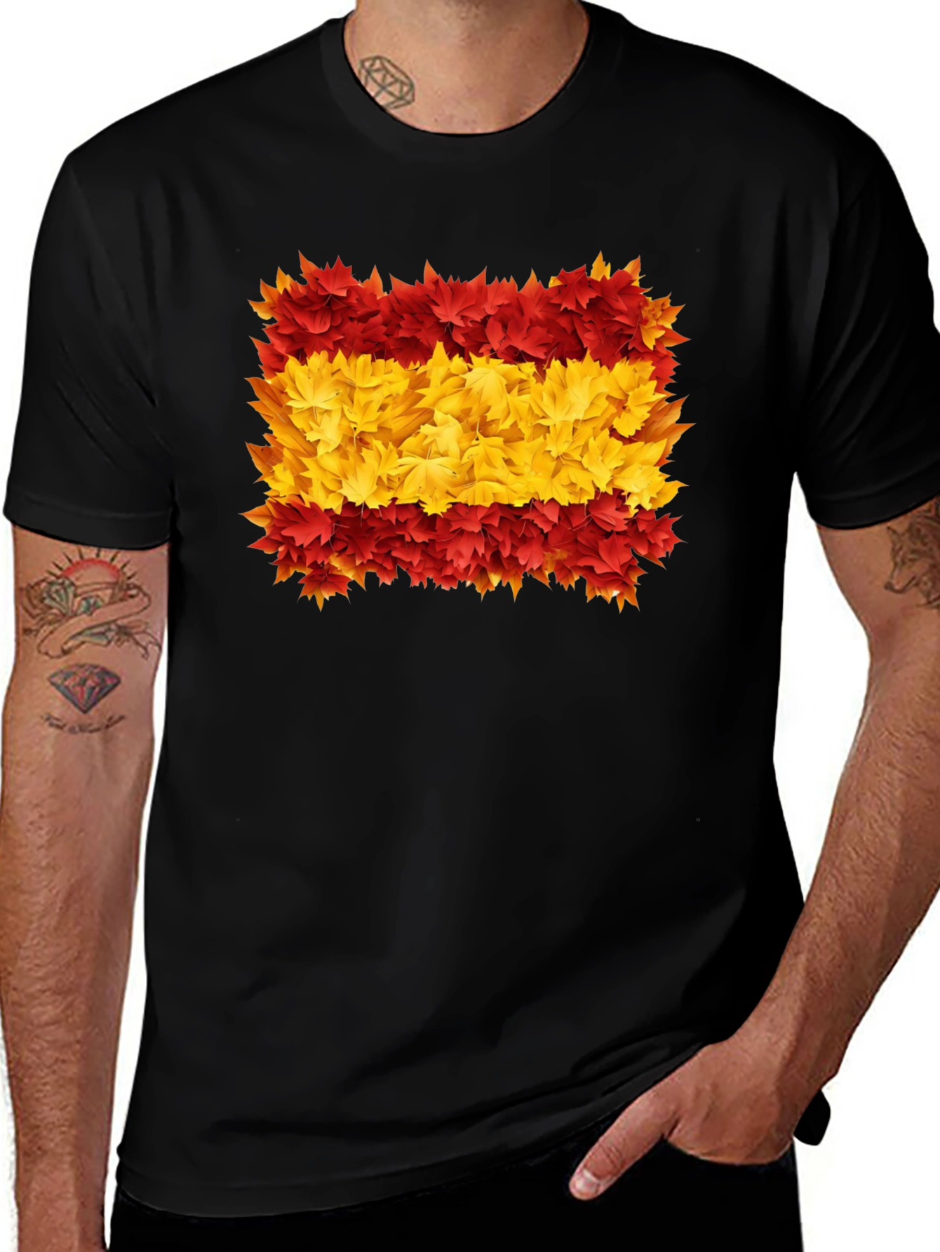 Spain Flag Leaves Men's Black T-Shirt