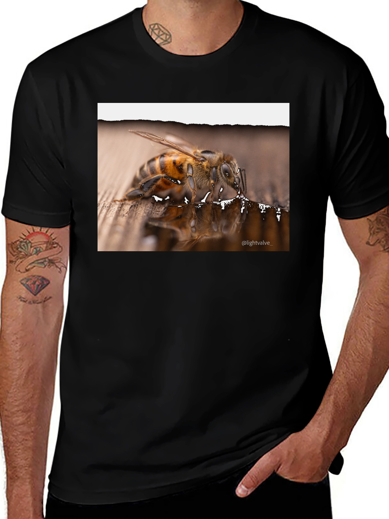 Variant 13 of Bee Drinking Water on Black T-Shirt