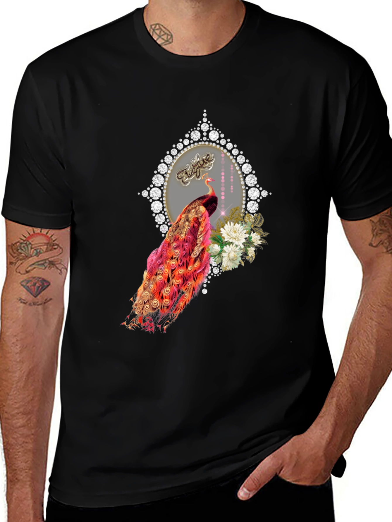 Elegant Peacock Graphic Tee - Diamond Frame