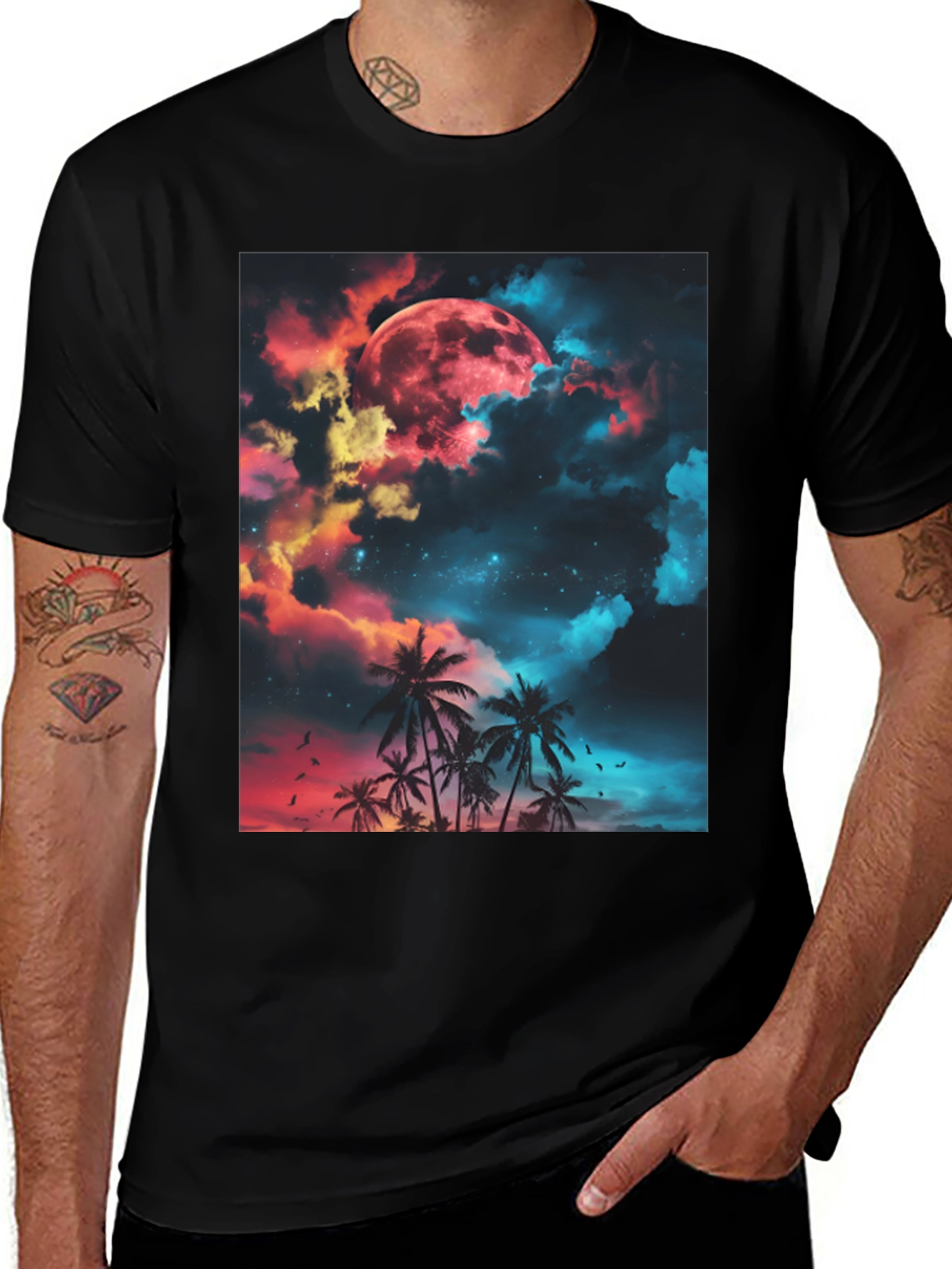 Black Tropical Moon Graphic T-Shirt main image