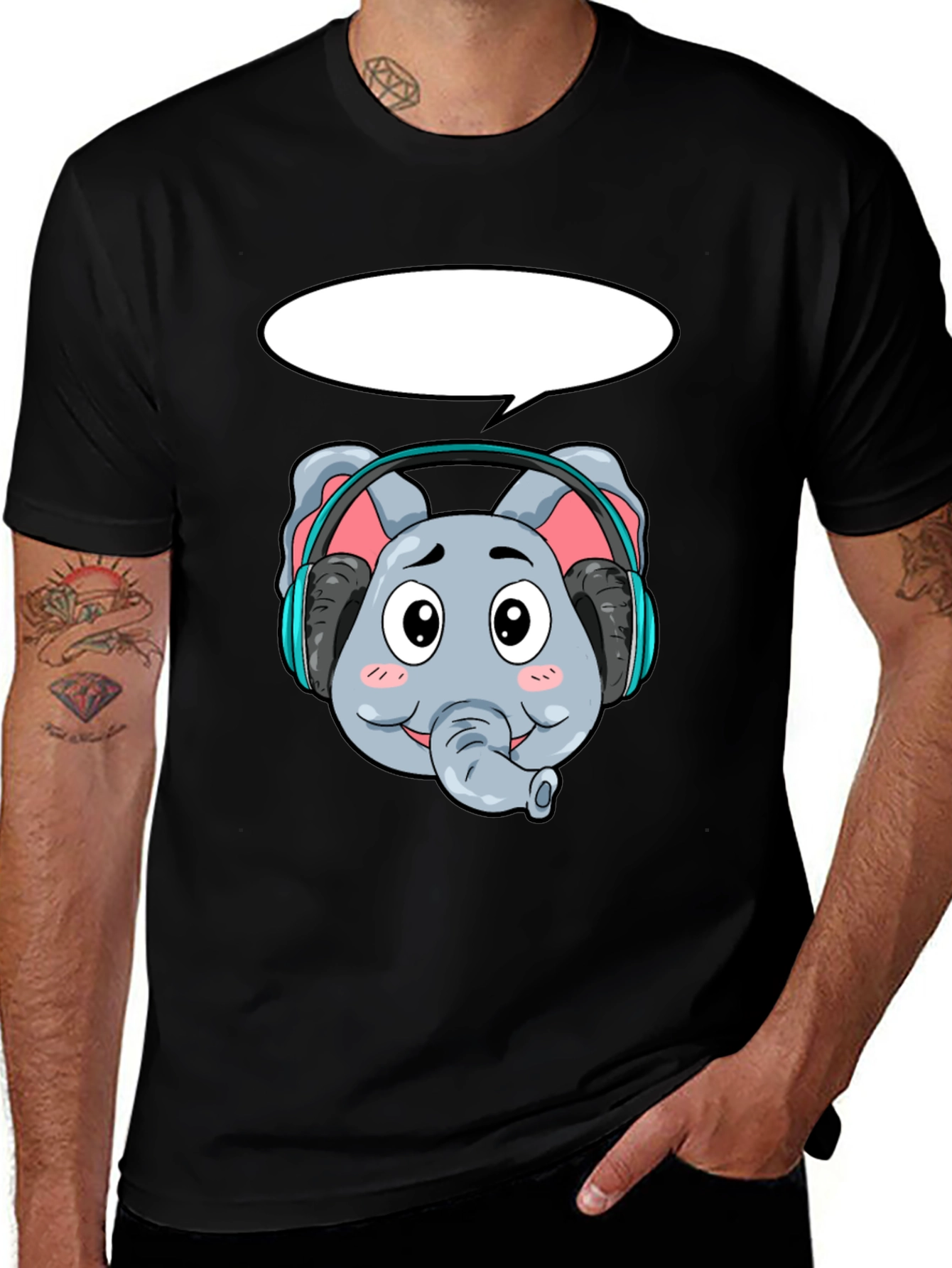 Variant 4 of Cartoon Elephant Headphones Black T-Shirt