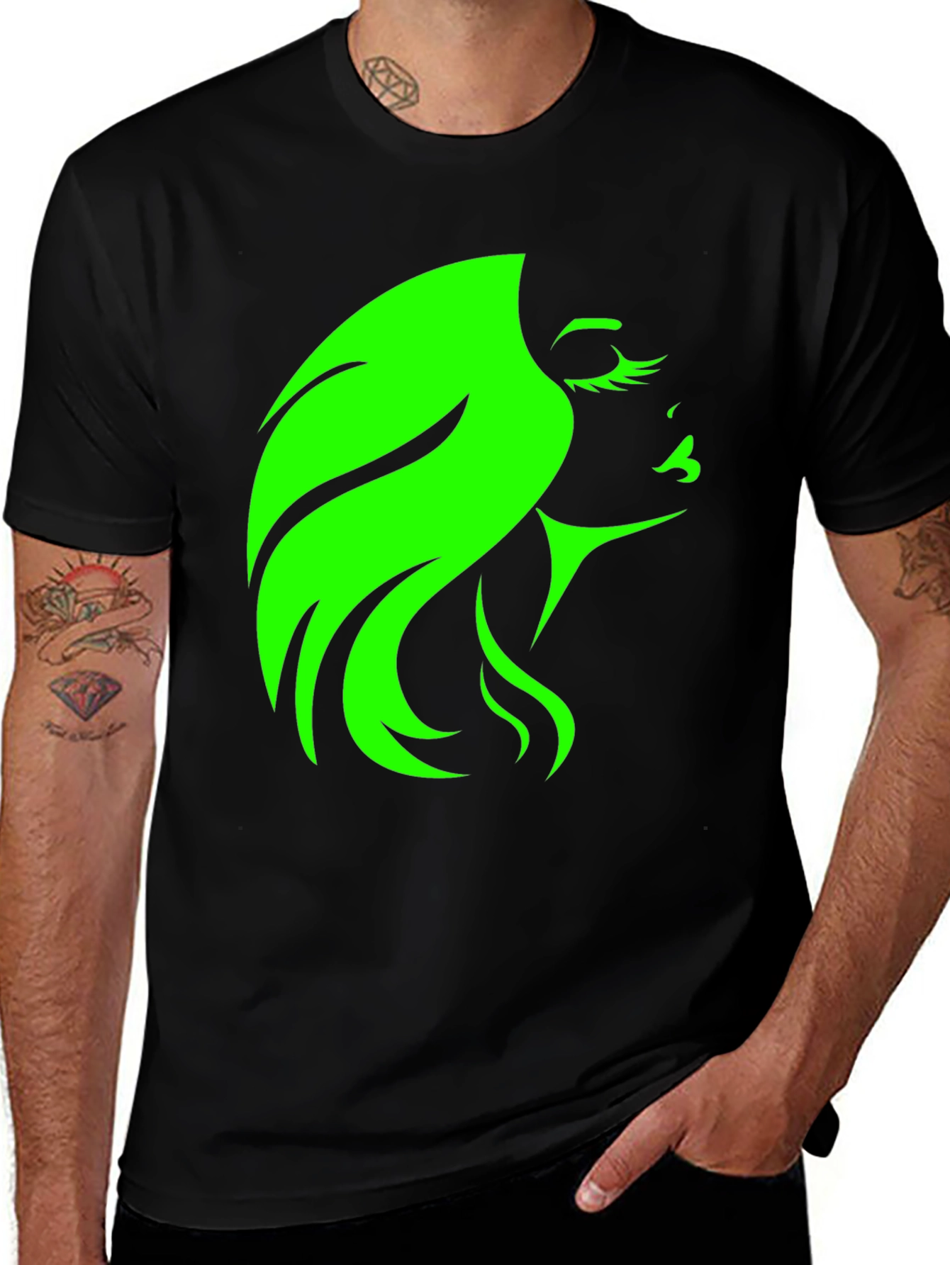 Variant 11 of Stylish Black Tee with Neon Green Woman Silhouette