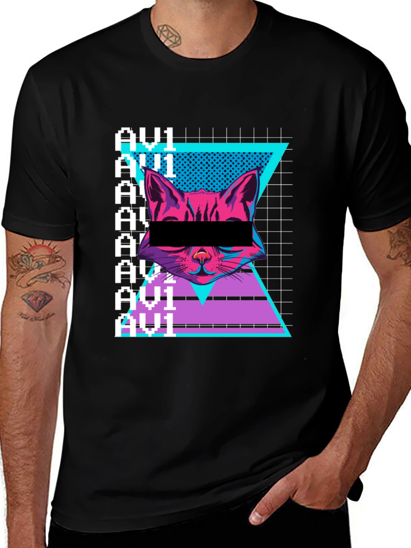 Black Cyberpunk Cat Graphic Tee - Retro Style main image