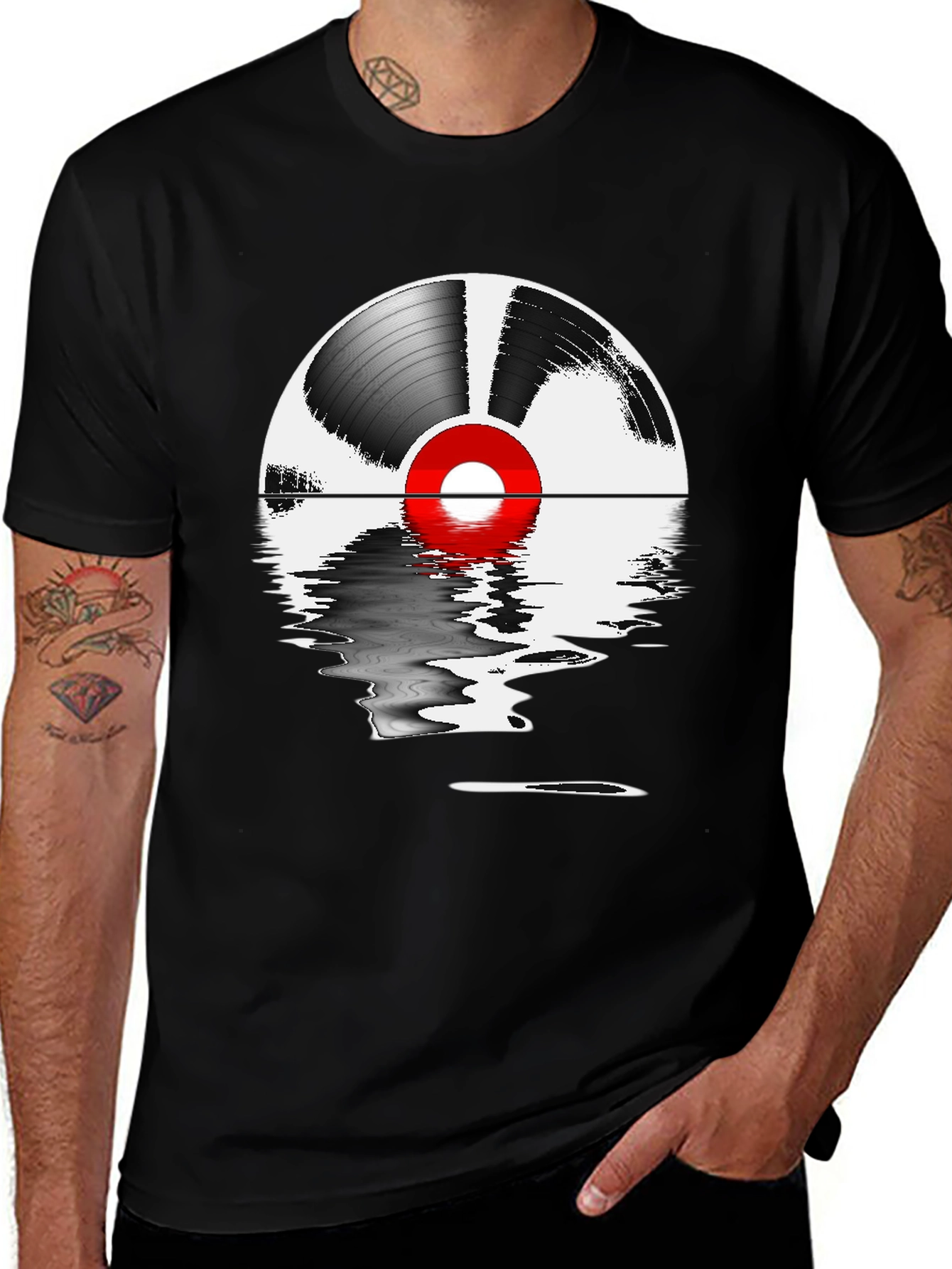 Black Vinyl Record Reflection Graphic Tee main image