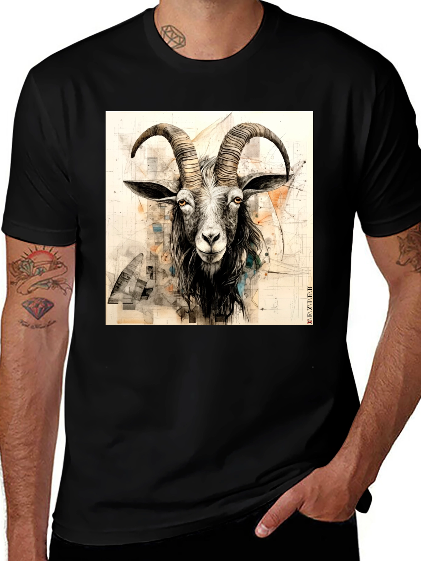 Variant 12 of Goat Sketch Graphic Black T-Shirt