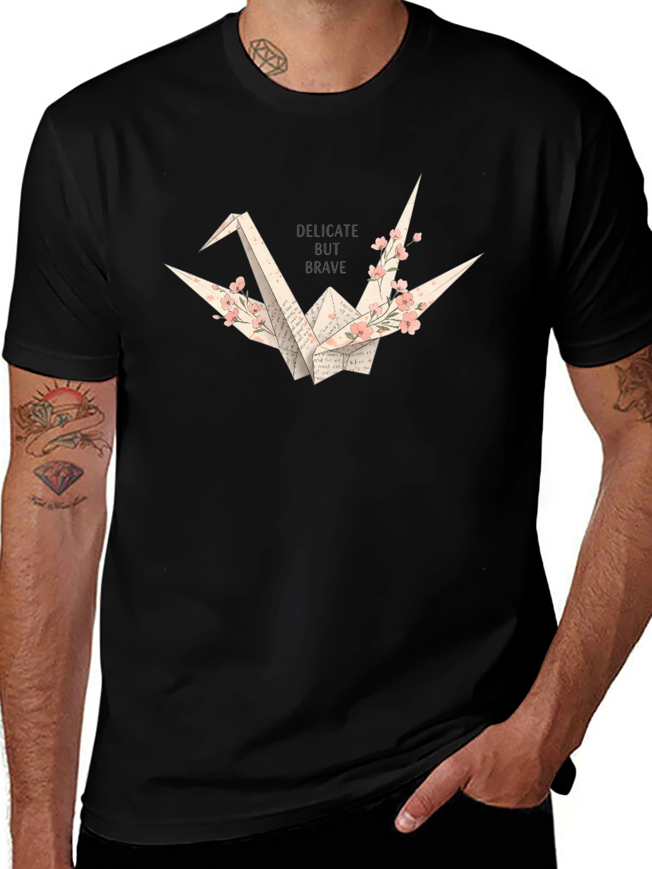 Variant 19 of Delicate But Brave Origami Crane Black T-Shirt