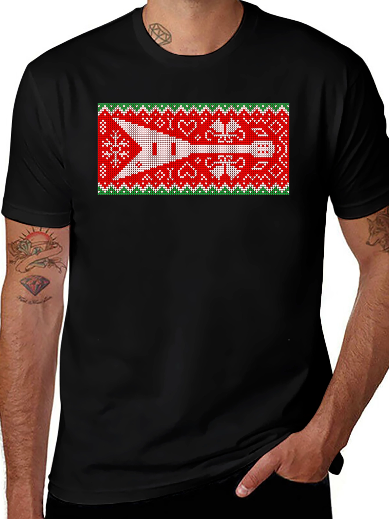 Festive Guitar Ugly Christmas Sweater Style T-Shirt