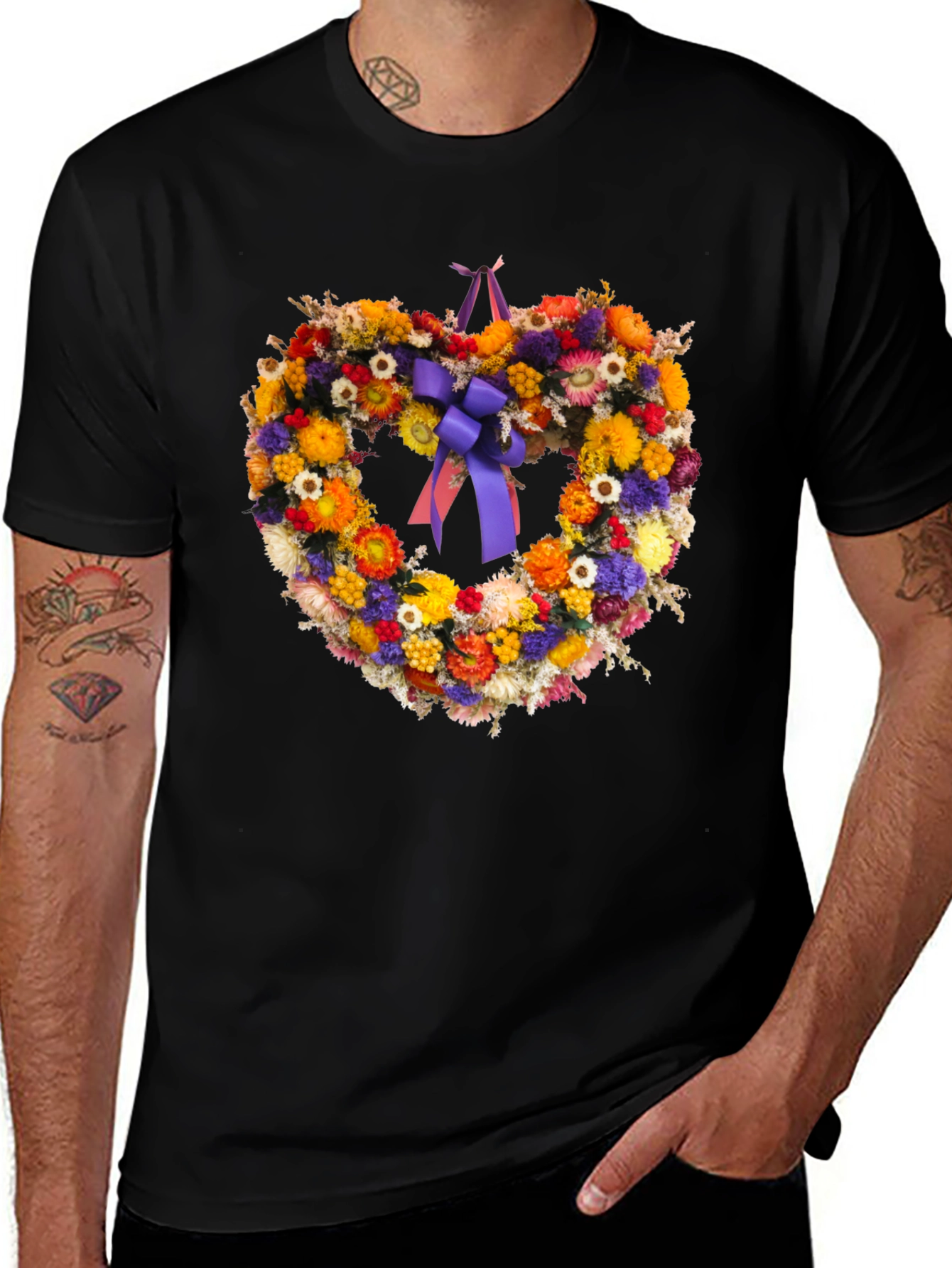 Variant 28 of Floral Heart Wreath Graphic Tee - Black Unisex T-Shirt