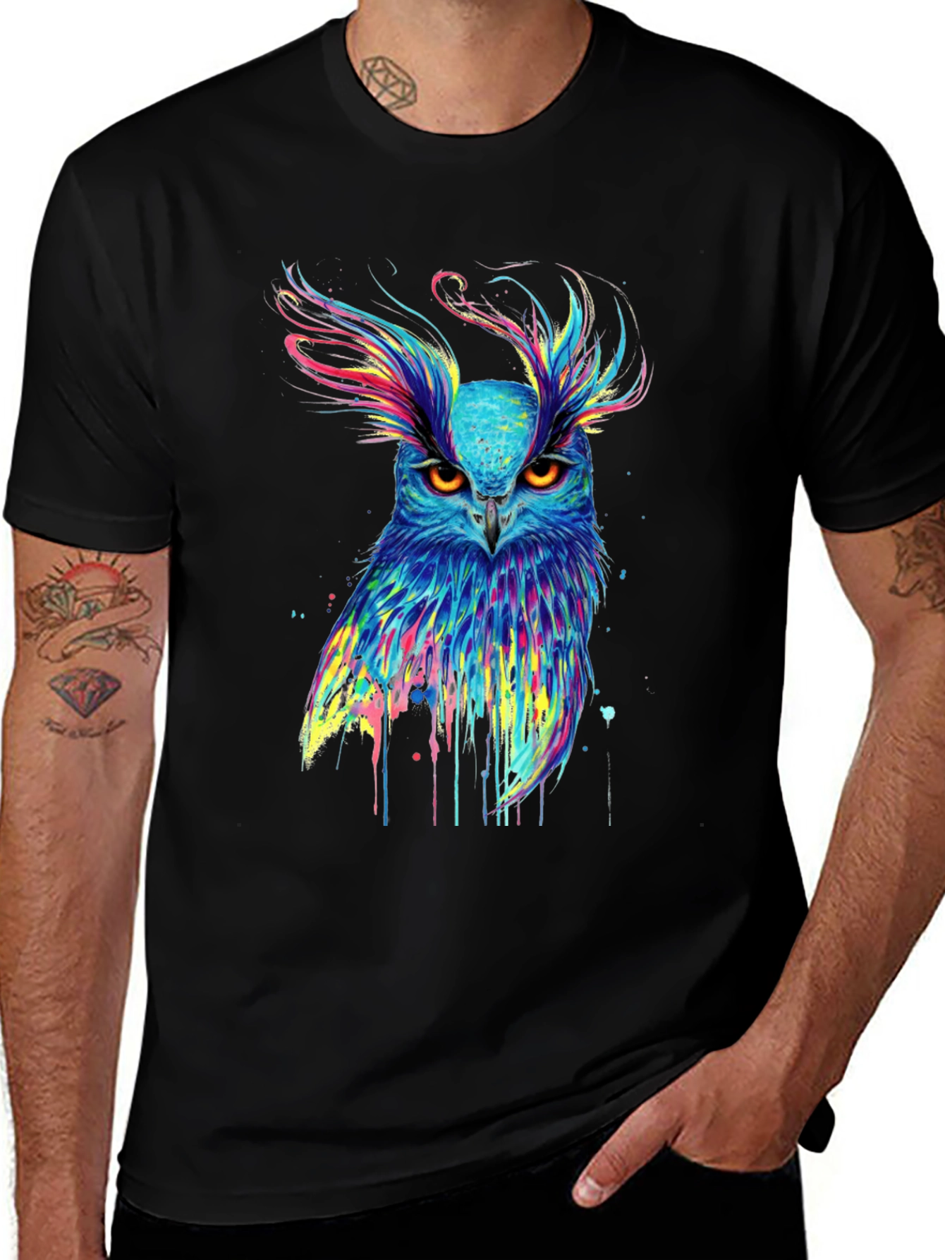 Variant 15 of Colorful Owl Graphic Print Black T-Shirt