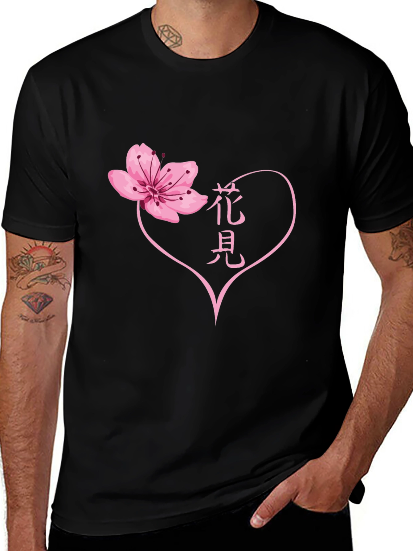 Variant 7 of Cherry Blossom Heart Graphic Black T-Shirt