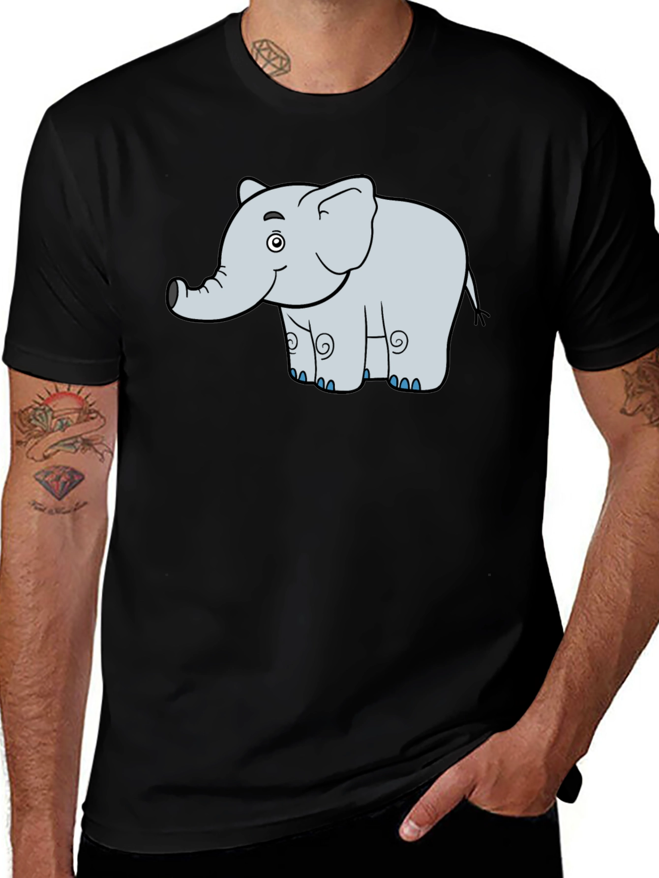Cute Cartoon Elephant Graphic Tee - Black