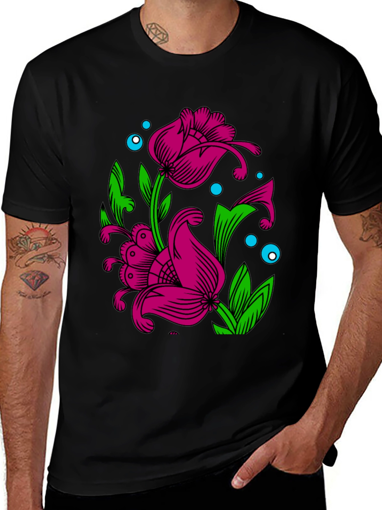 Variant 29 of Floral Print Black T-Shirt - Unique Design