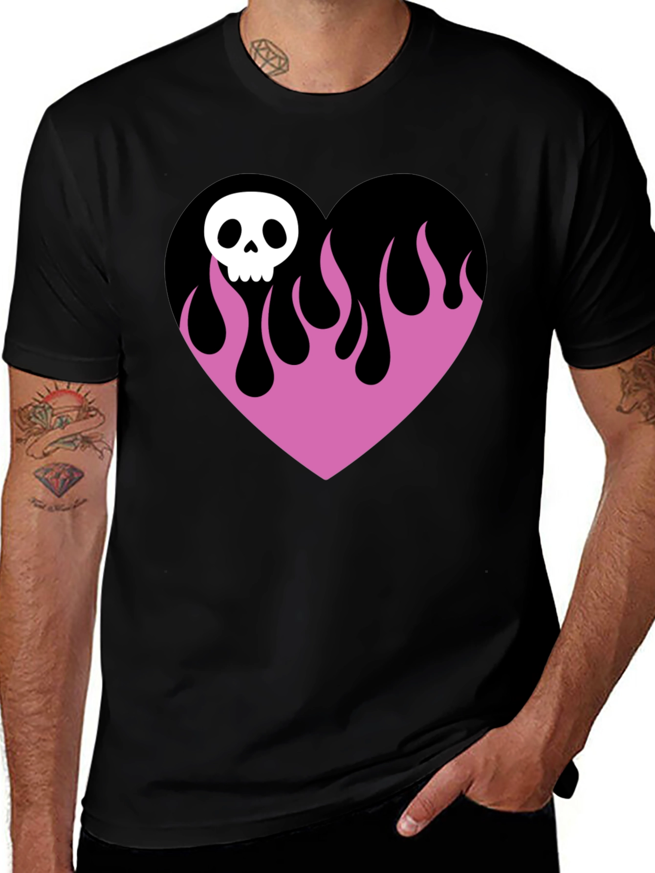 Variant 29 of Skull Heart Flames Graphic Tee - Black
