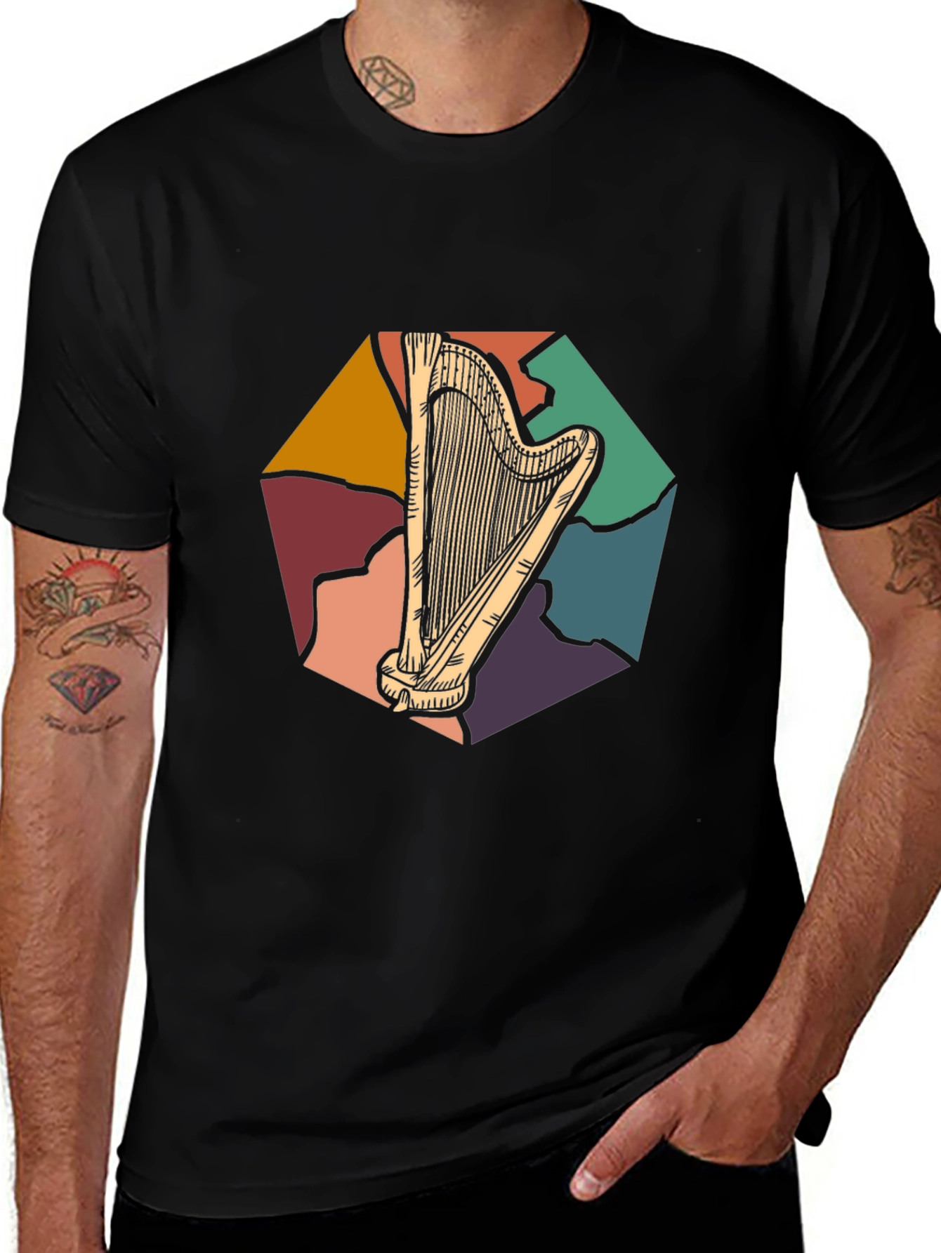 Retro Harp Graphic Tee - Musical Instrument T-Shirt