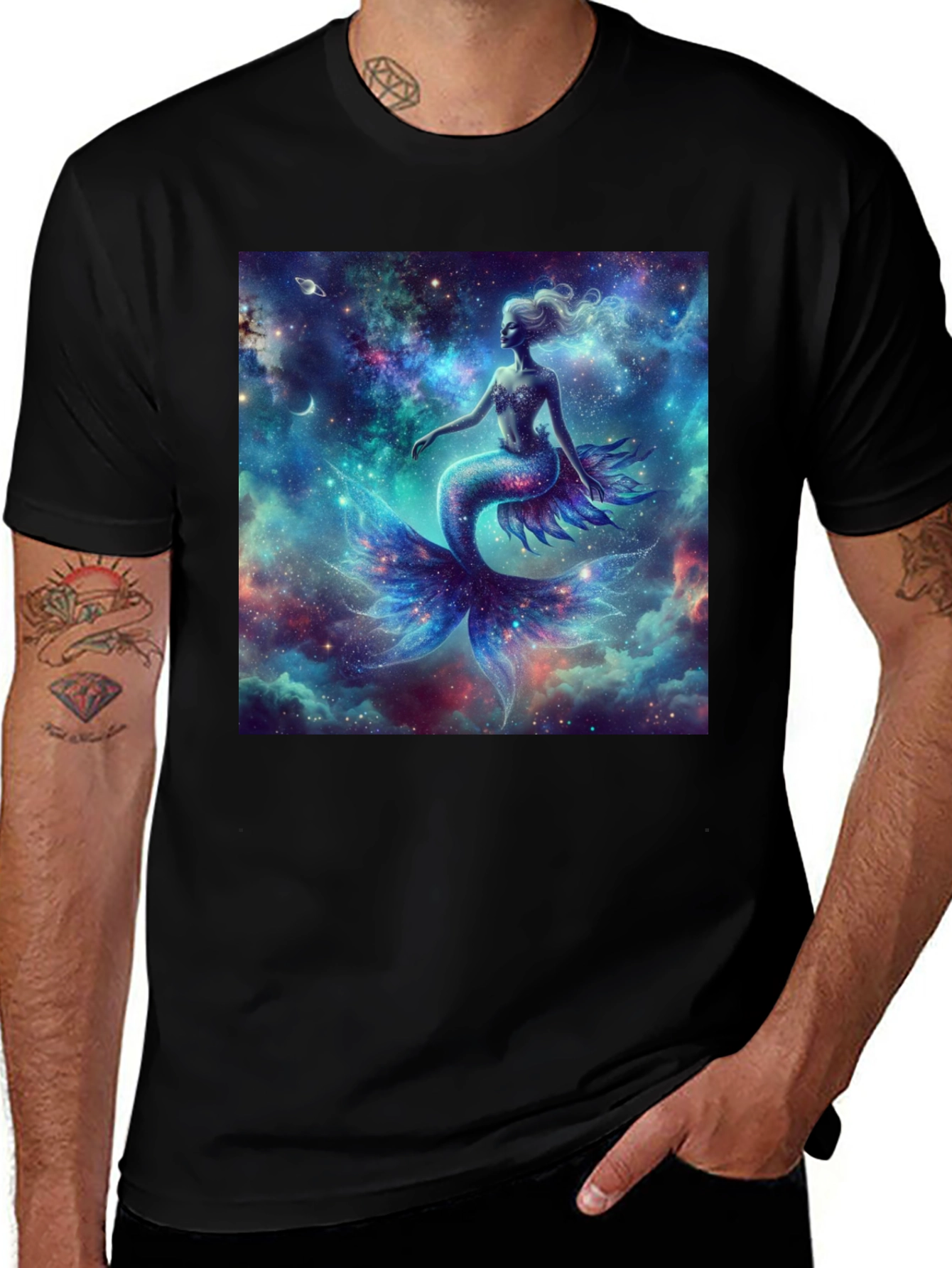 Variant 12 of Galaxy Mermaid Graphic Tee - Black Cotton Blend