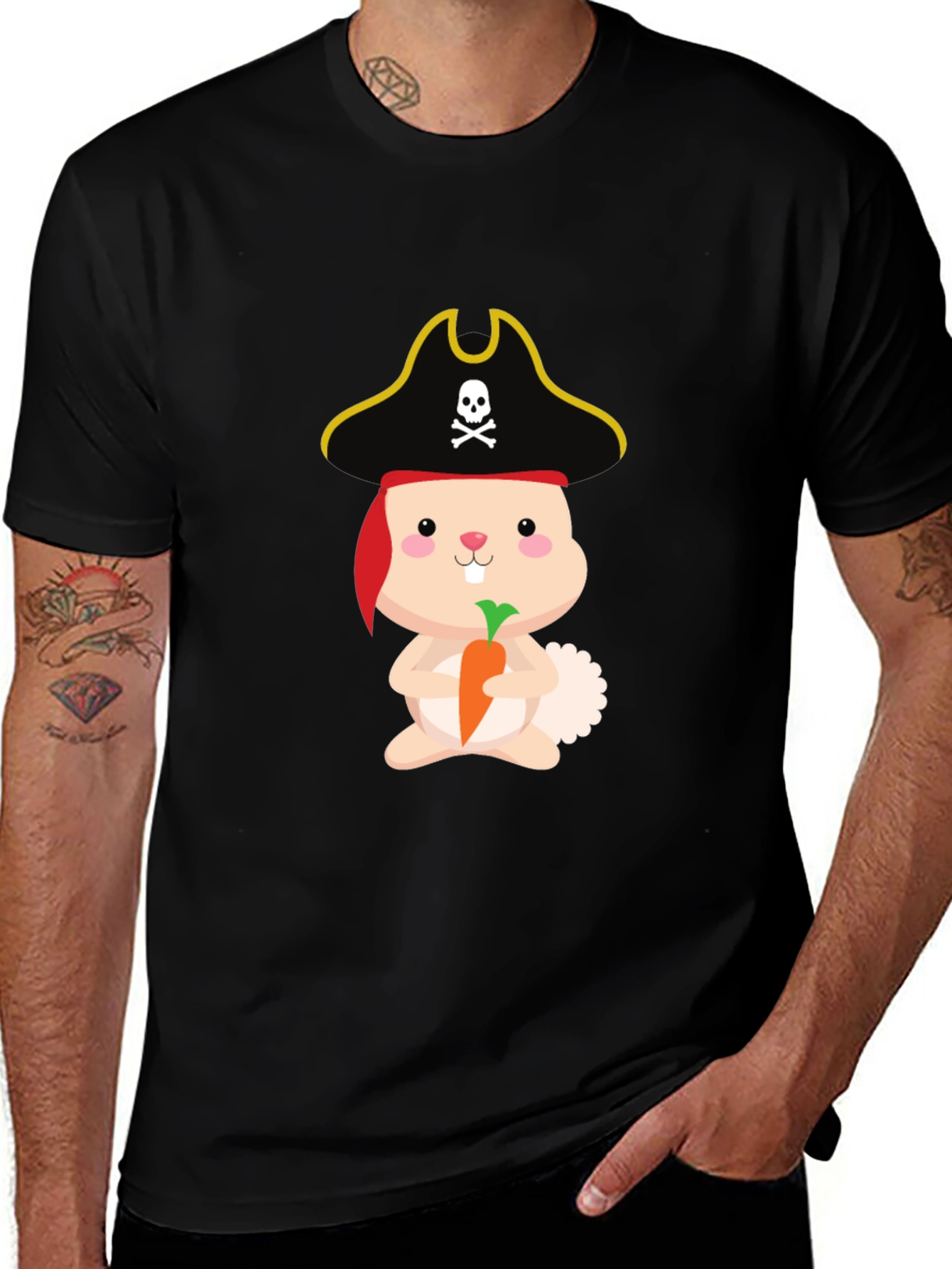 Variant 12 of Cute Pirate Bunny T-Shirt - Black Cotton Tee