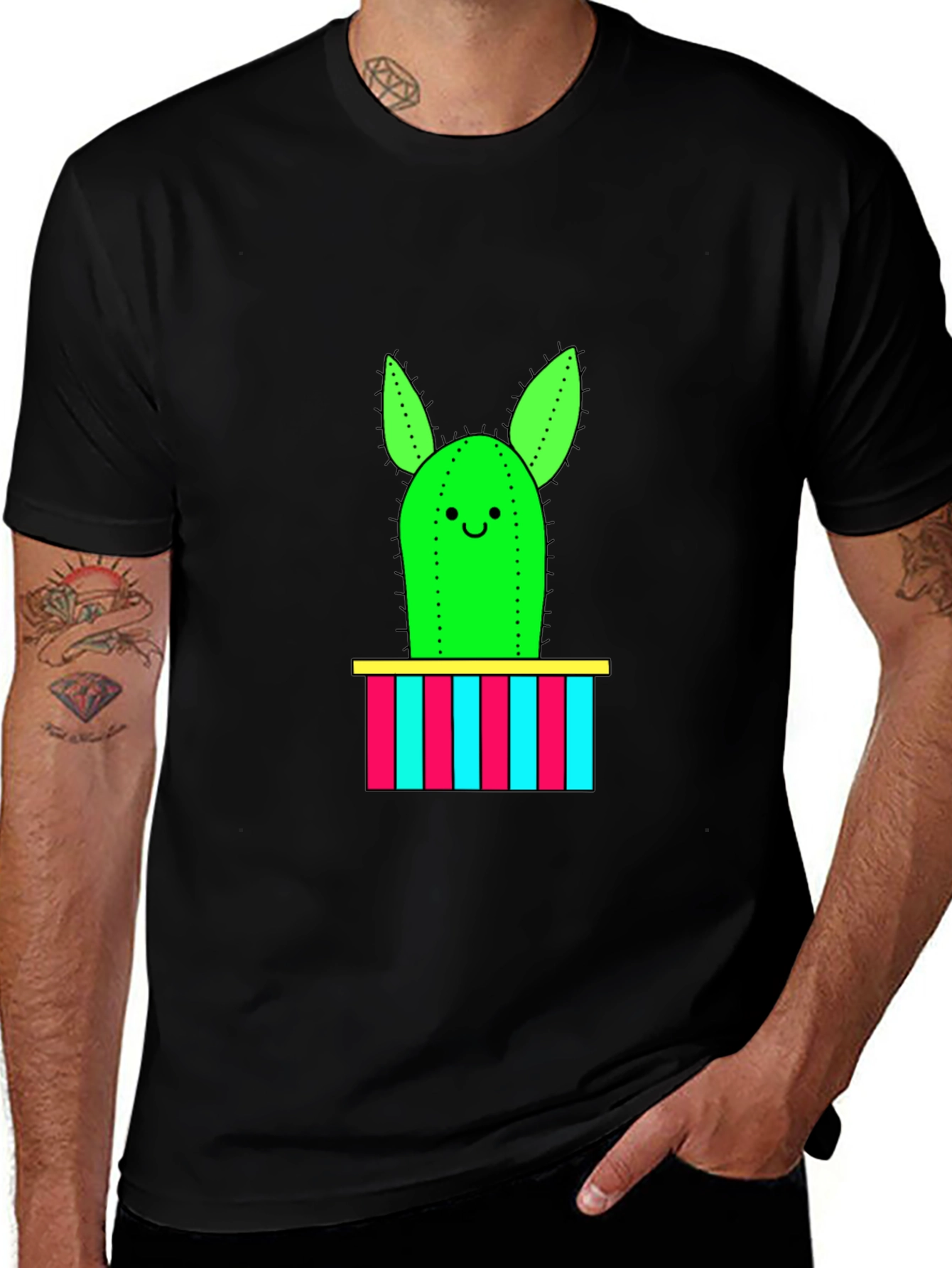 Variant 12 of Cute Cactus Graphic Tee - Men's Black T-Shirt