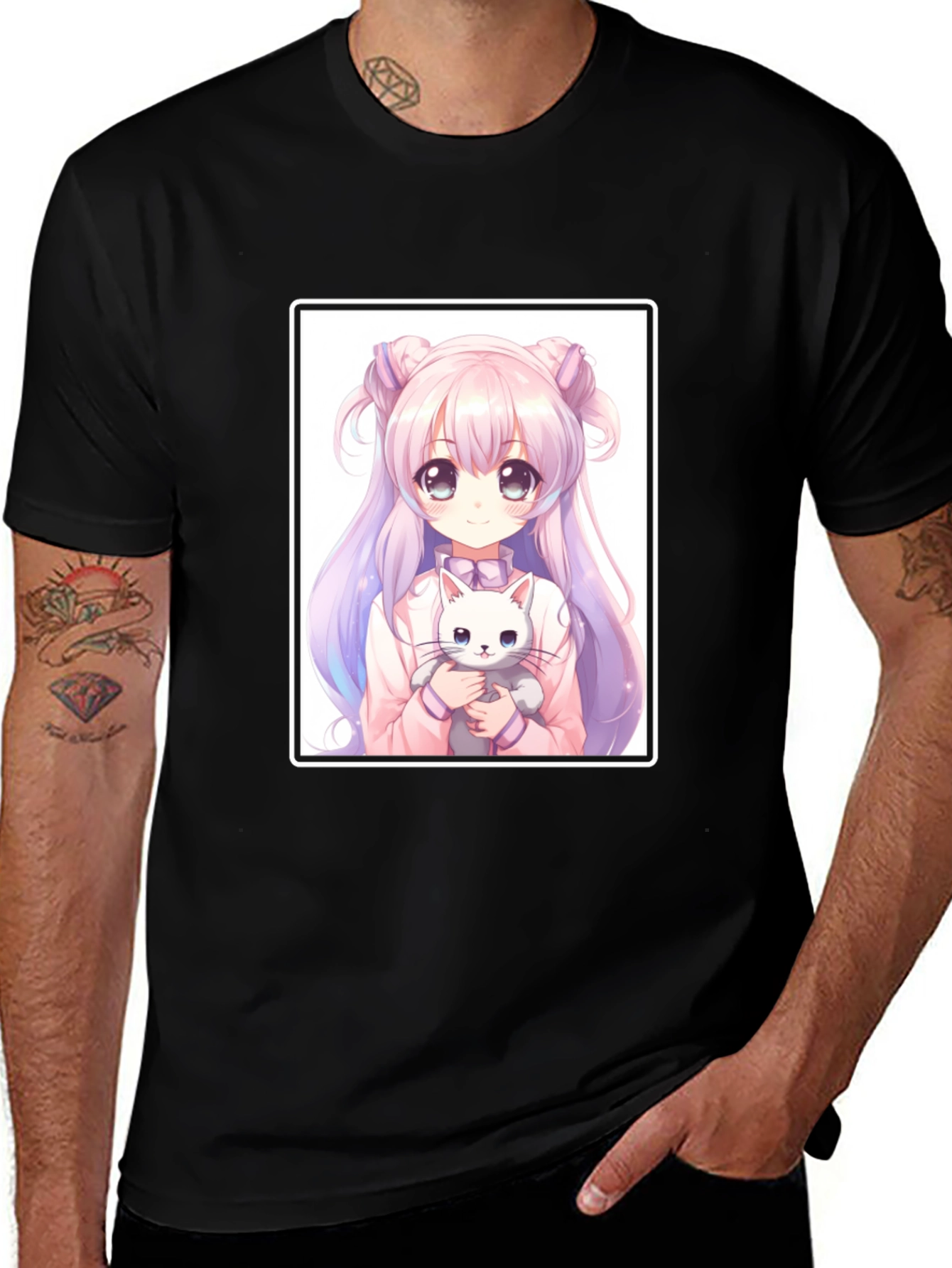 Variant 5 of Anime Girl Holding Cat Black T-Shirt