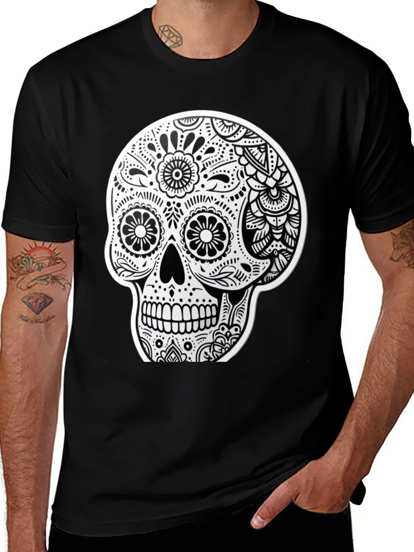 Variant 23 of Sugar Skull Graphic Tee - Dia de los Muertos Black T-Shirt