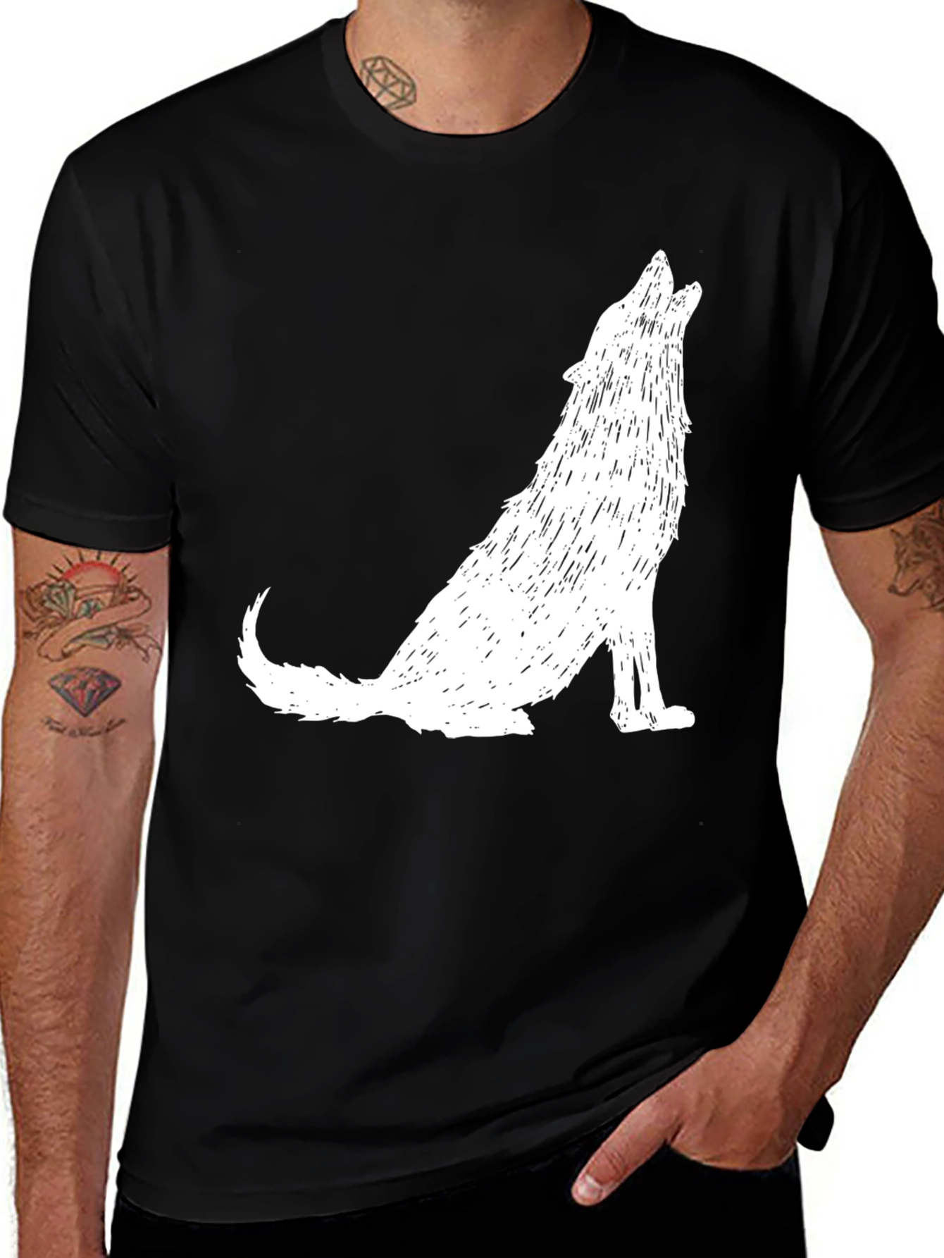 Variant 23 of Men's Black T-Shirt - White Howling Wolf Graphic Tee