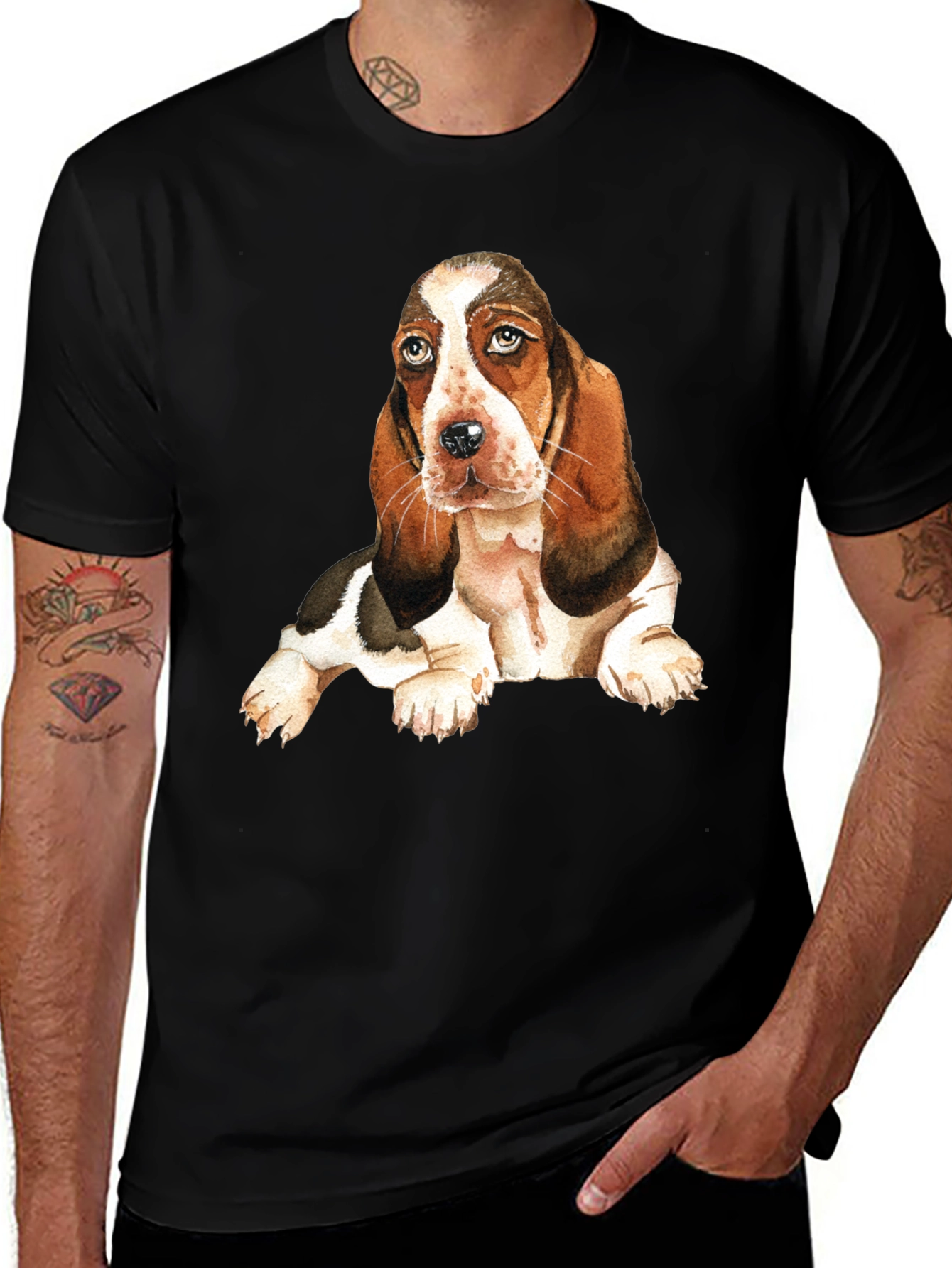 Variant 5 of Dog Graphic Tee - Basset Hound Puppy Print Black T-Shirt