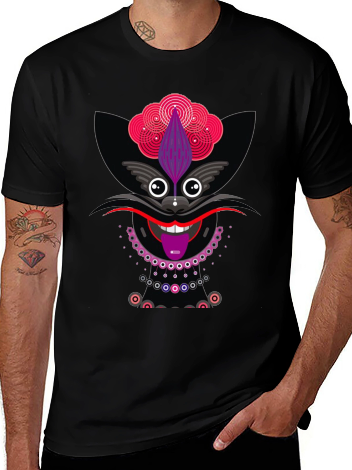 Variant 9 of Funky Cat Graphic Tee - Black Cotton T-Shirt