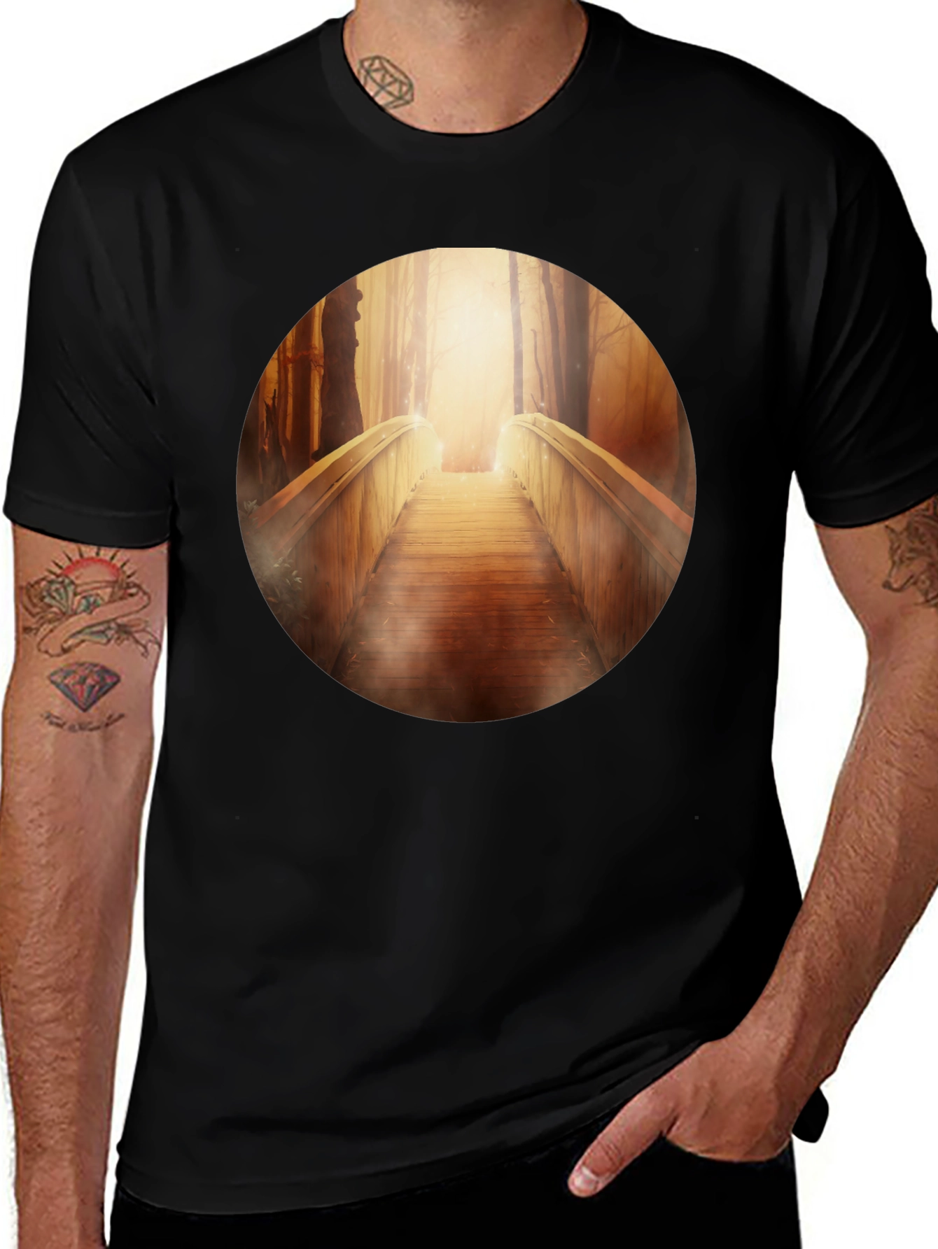 Wooden Bridge Graphic Tee - Forest Pathway T-Shirt