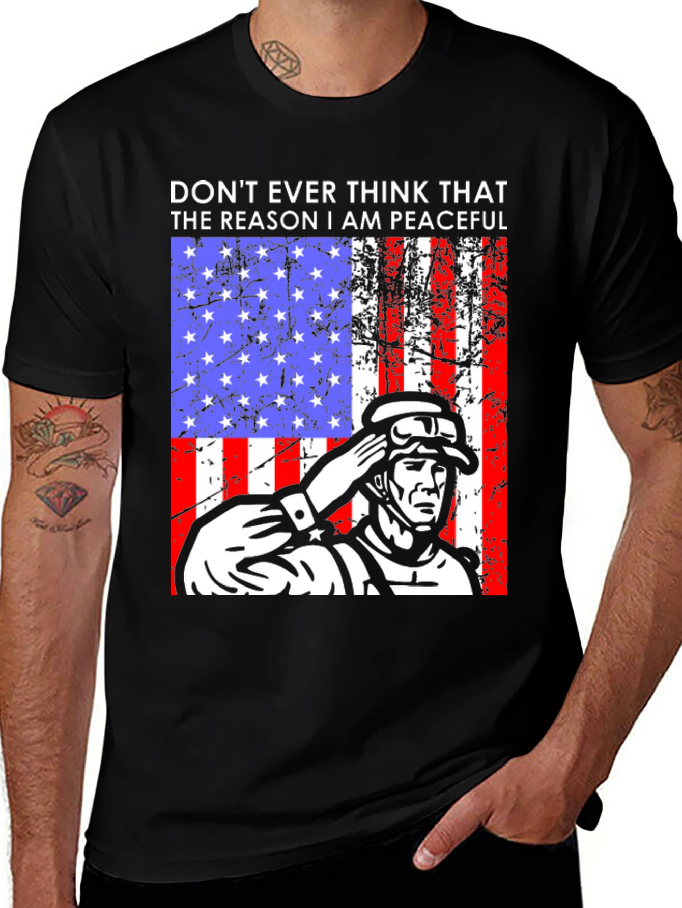 Variant 5 of Patriotic Soldier T-Shirt - Don't Ever Think Peaceful