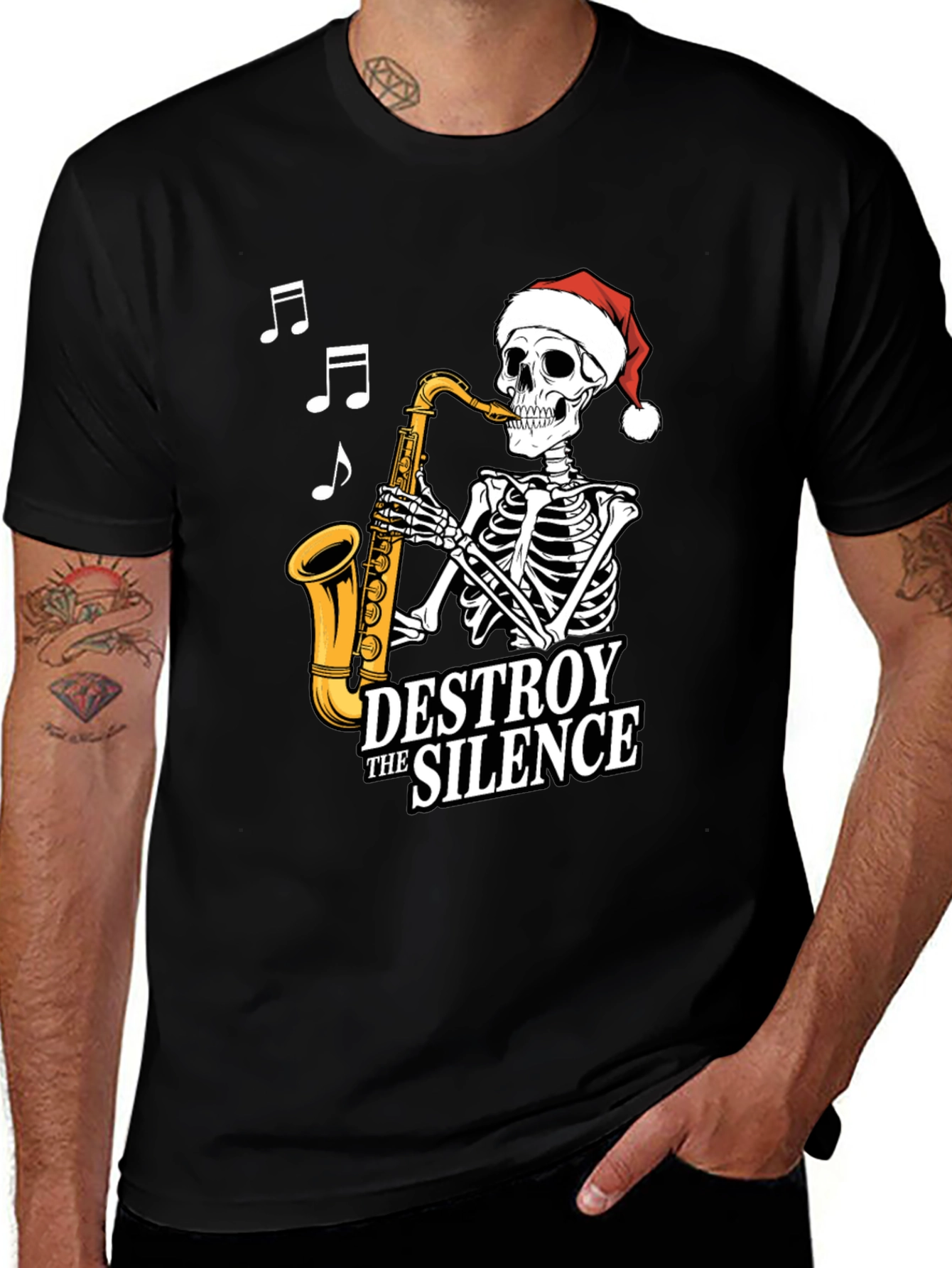 Variant 18 of Destroy The Silence Saxophone Skeleton Christmas T-Shirt