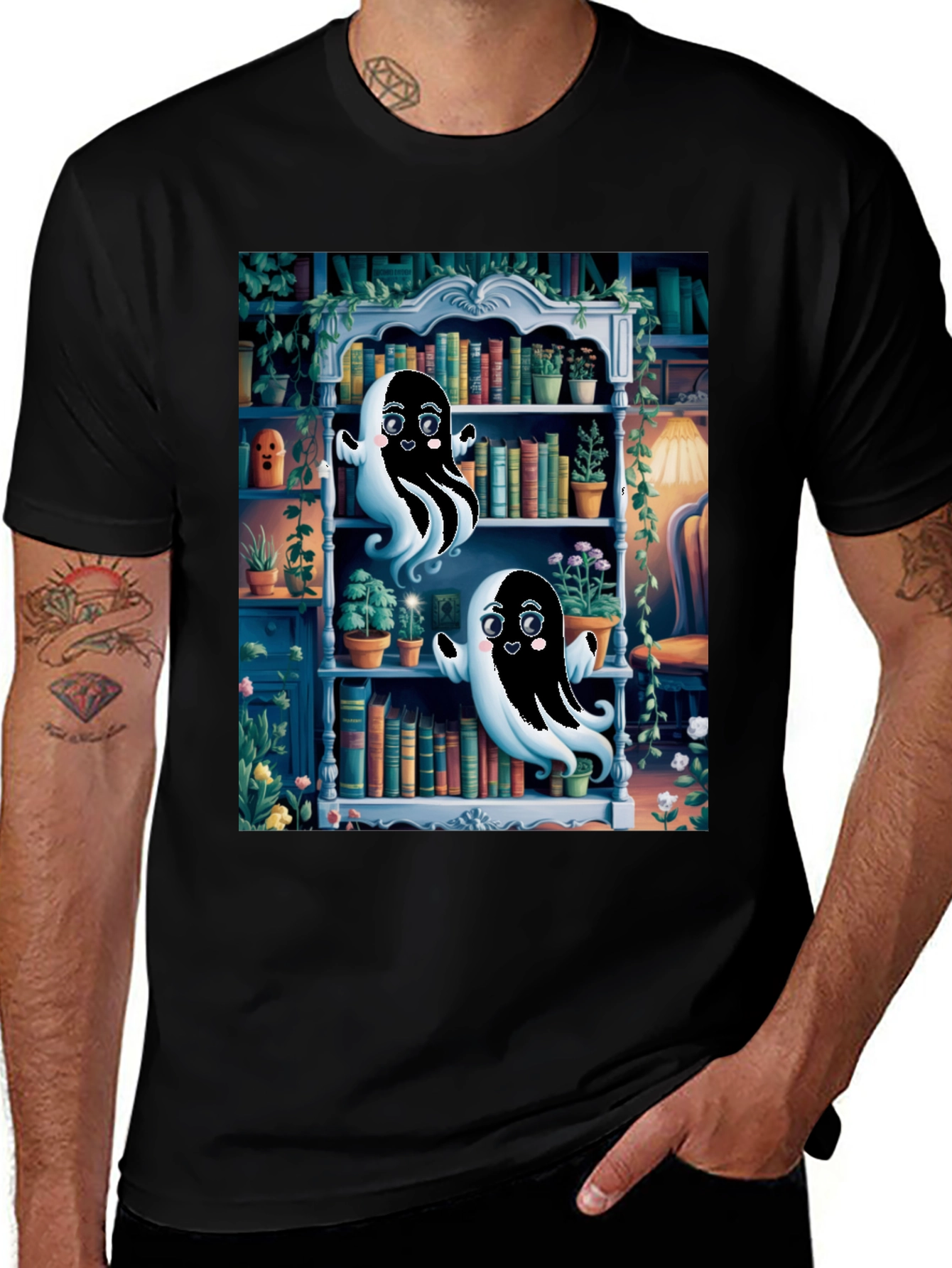 Ghostly Bookcase T-Shirt - Whimsical Spooky Tee