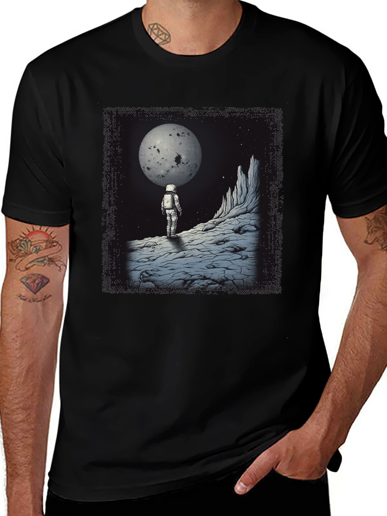 Astronaut Moonscape Graphic Tee - Black Cotton