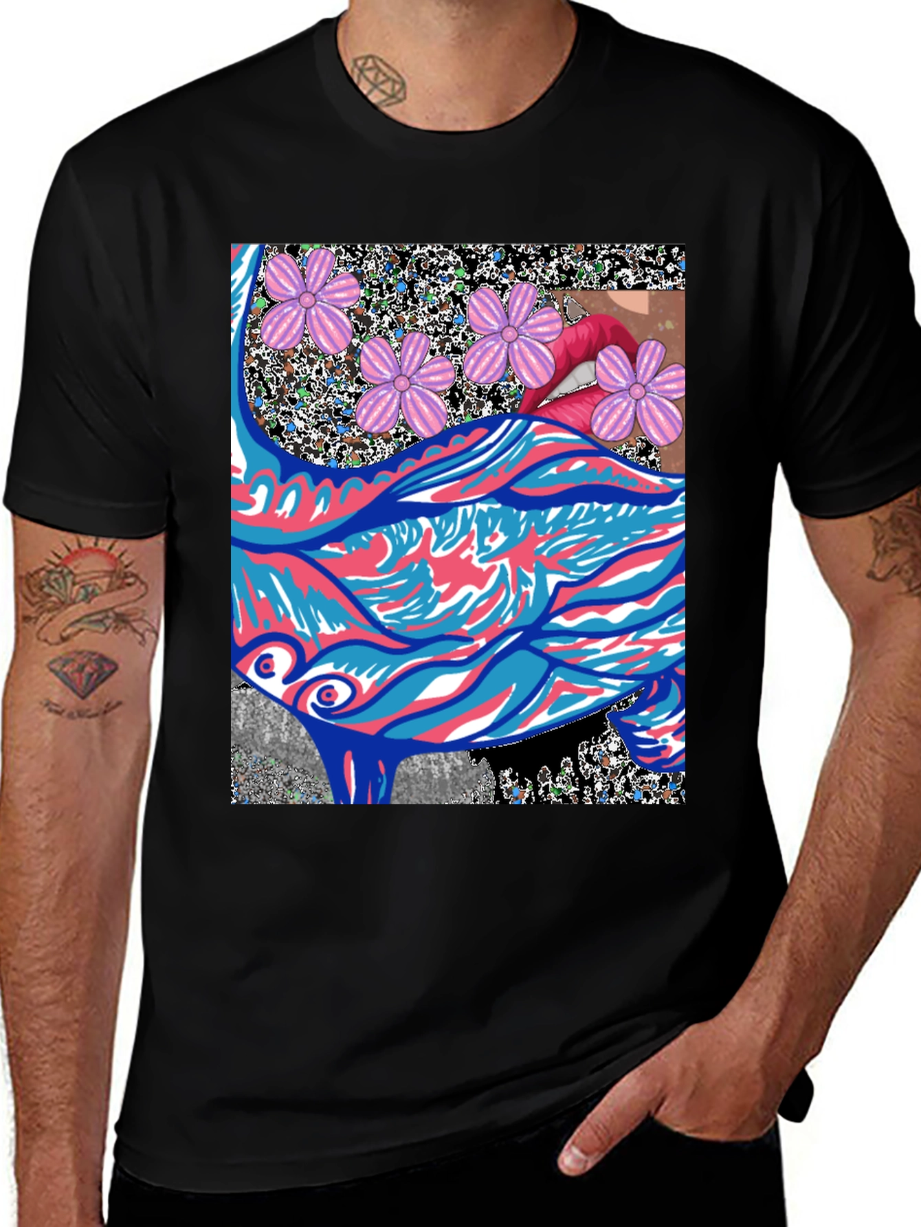 Variant 29 of Abstract Floral Lips Graphic Tee - Men's Black T-Shirt