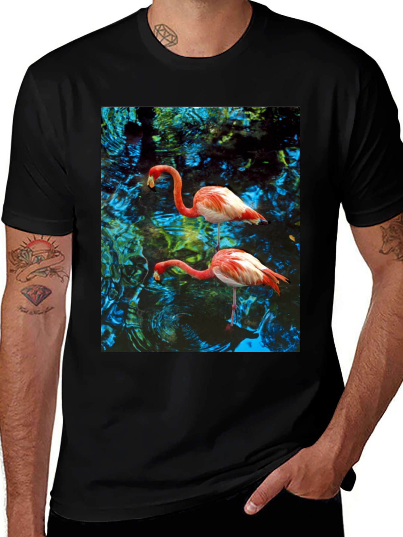 Variant 25 of Flamingo Pond Graphic Tee - Black Cotton Blend