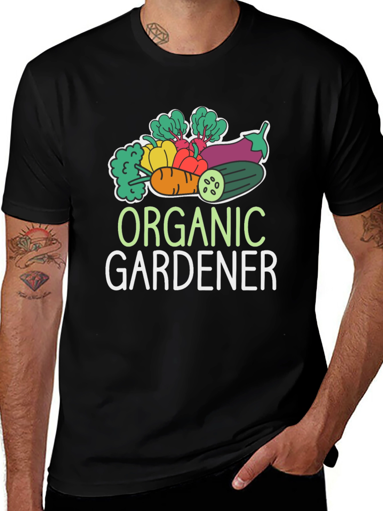 Organic Gardener T-Shirt - Black, Vegetable Design