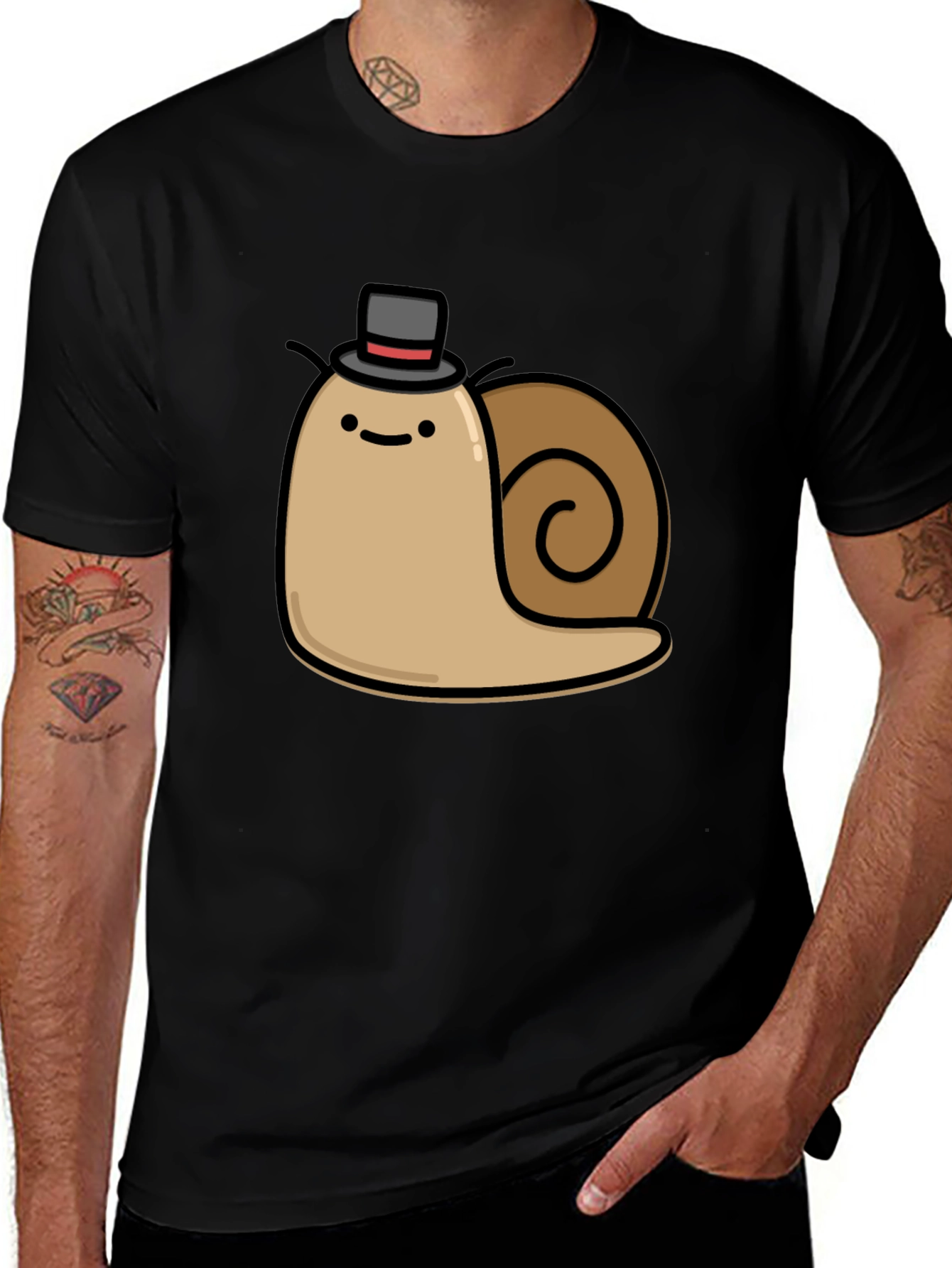 Variant 9 of Funny Snail with Top Hat Graphic Tee - Black Cotton T-Shirt