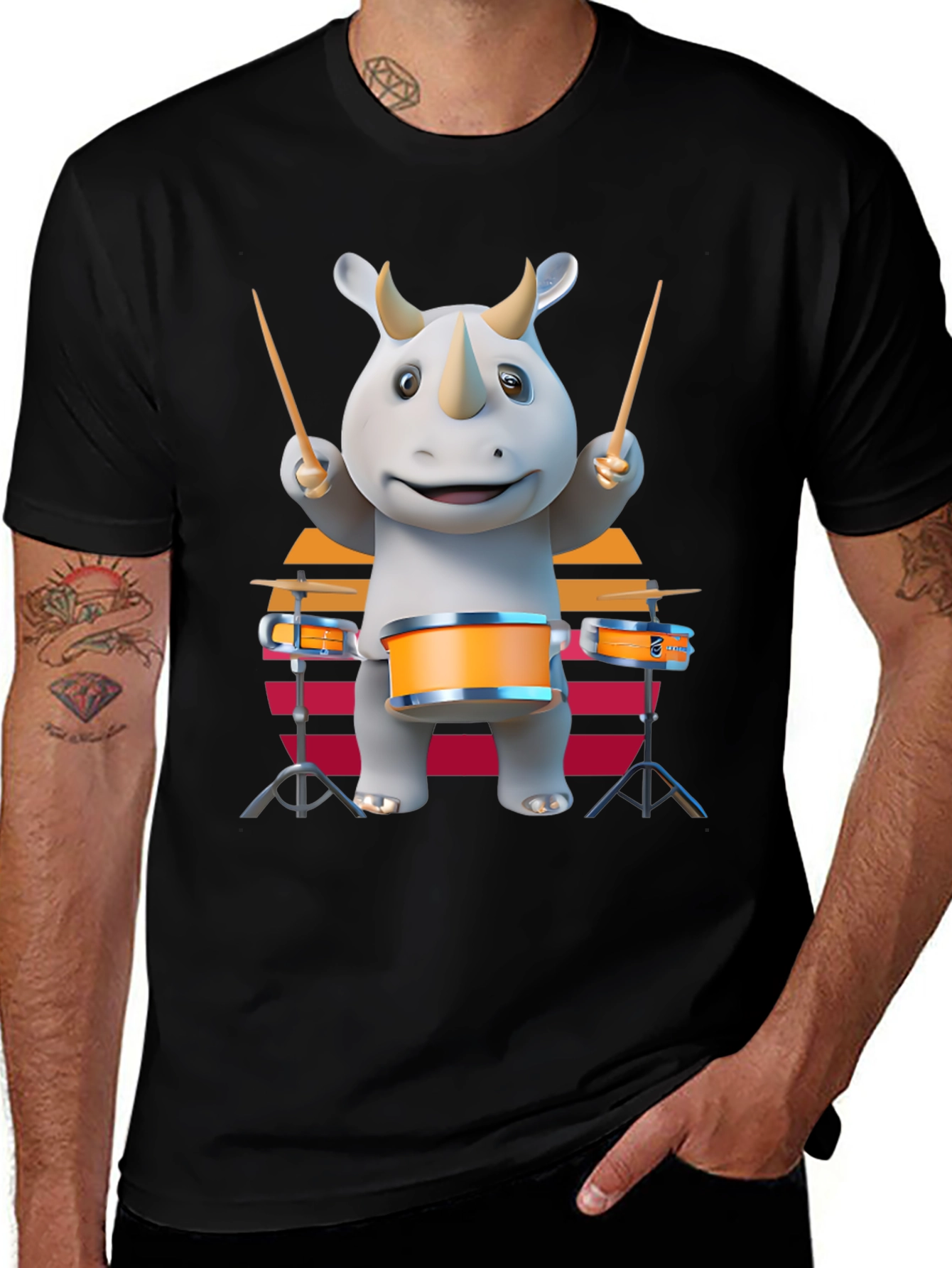 Variant 5 of Rhino Drummer T-Shirt: Cartoon Animal Playing Drums